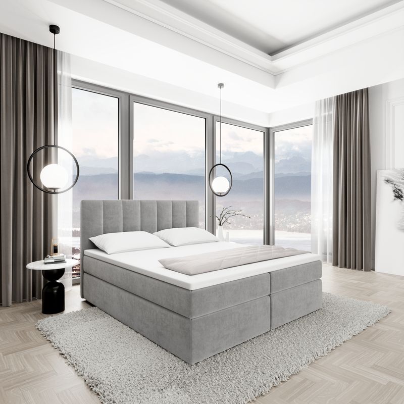 
Lit boxspring design « Saudade » avec compartiment de rangement, velours gris clair - 140 x 200 cm
