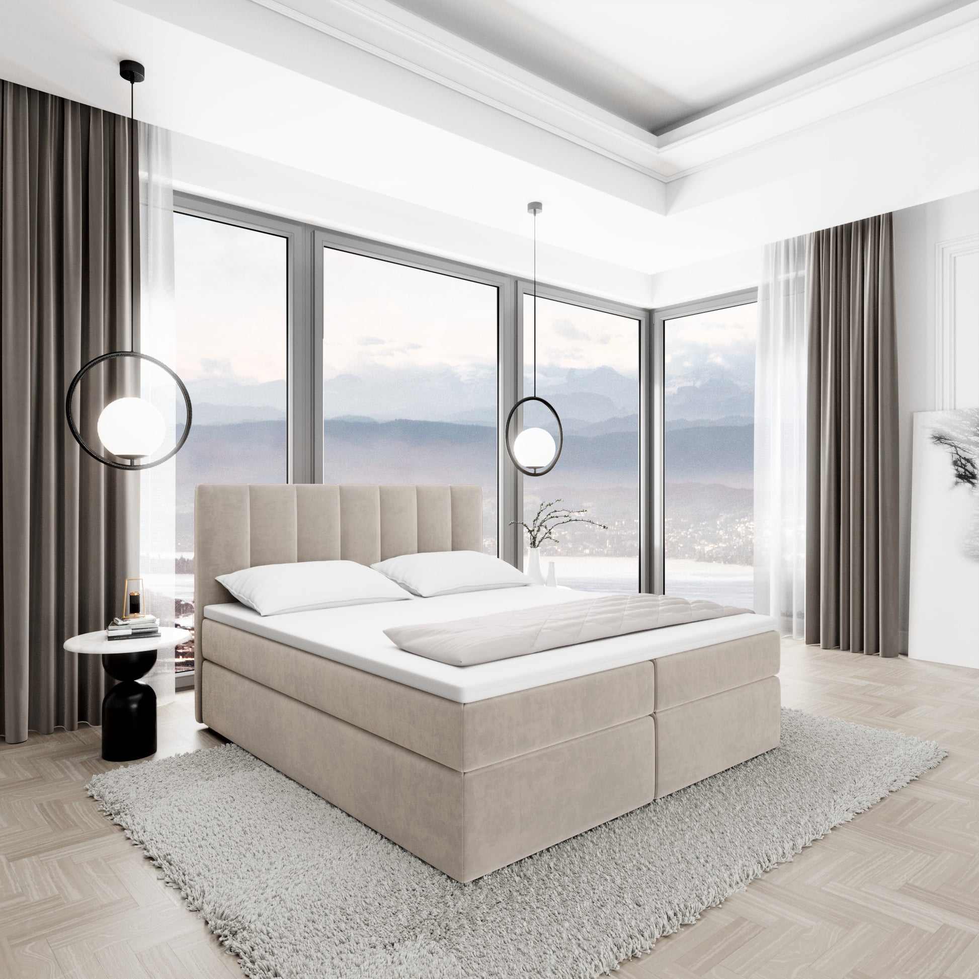 
Design Boxspringbett „Saudade“ mit Ablagefach, Samt Sand - 140 x 200 cm