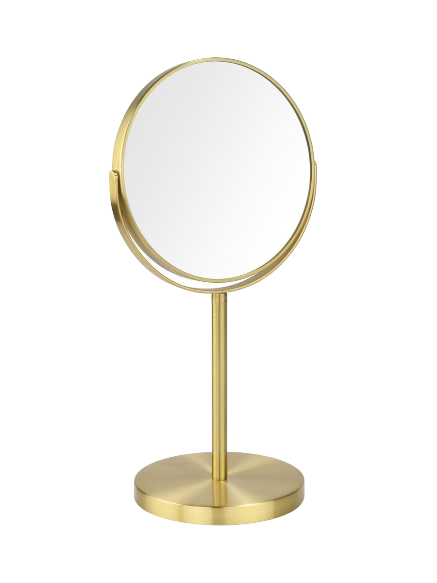 
Gold-colored "Devoter" stainless steel cosmetic mirror with 5x magnification