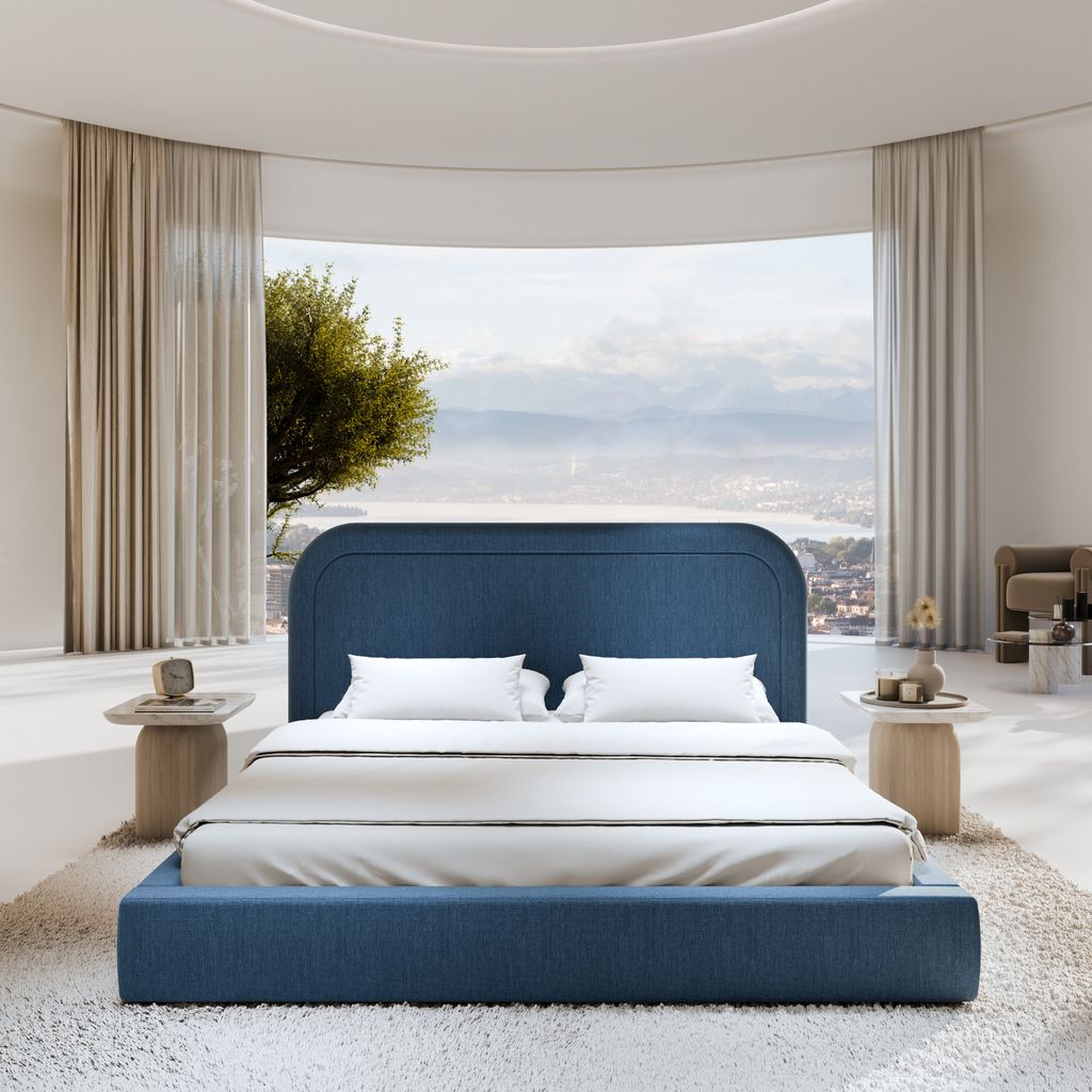 
Design Polsterbett „Masal“ mit Ablagefach, Webstoff Dunkelblau - 140 x 200 cm