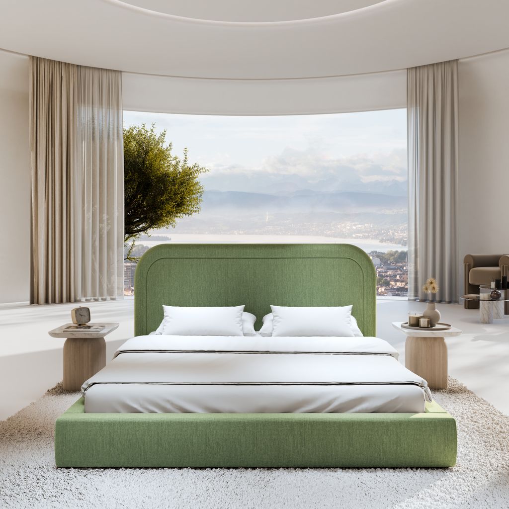 
Design Polsterbett „Masal“ mit Ablagefach, Webstoff Grün - 140 x 200 cm