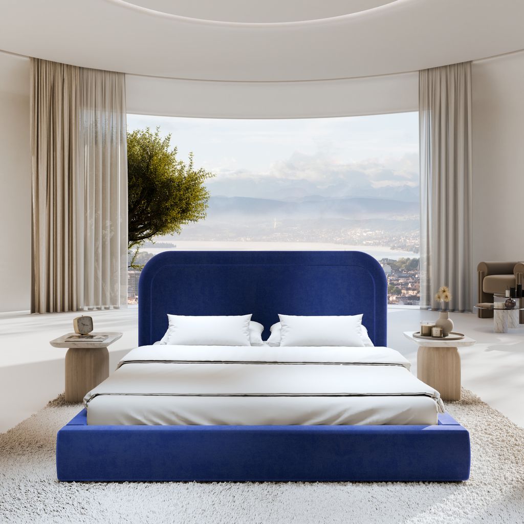 
Design Polsterbett „Masal“ mit Ablagefach, Samt Dunkelblau - 140 x 200 cm