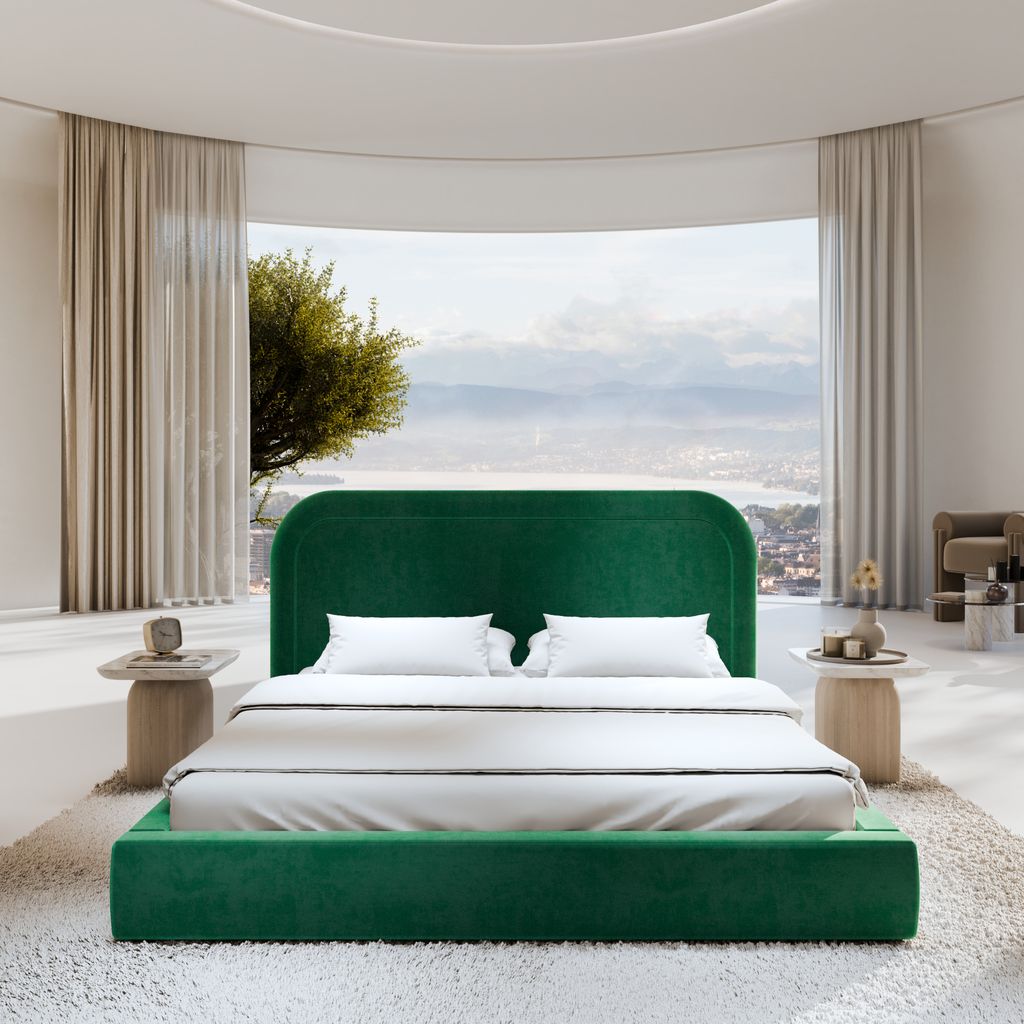 
Design Polsterbett „Masal“ mit Ablagefach, Samt Grün - 140 x 200 cm