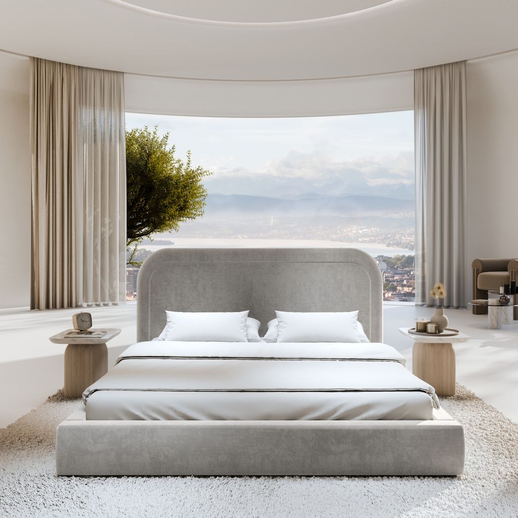 
Design Polsterbett „Masal“ mit Ablagefach, Samt Hellgrau - 140 x 200 cm