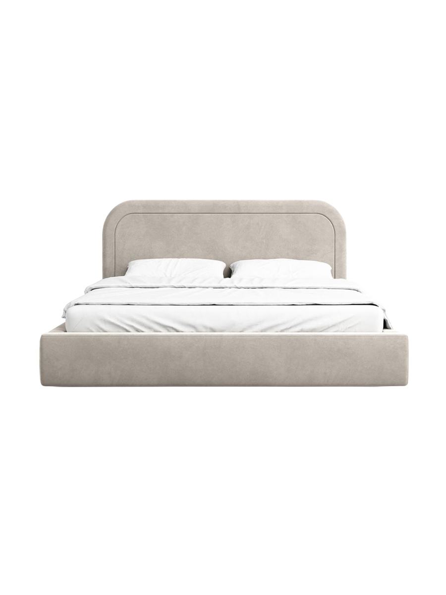 
Design Polsterbett „Masal“ mit Ablagefach, Samt Sand - 140 x 200 cm