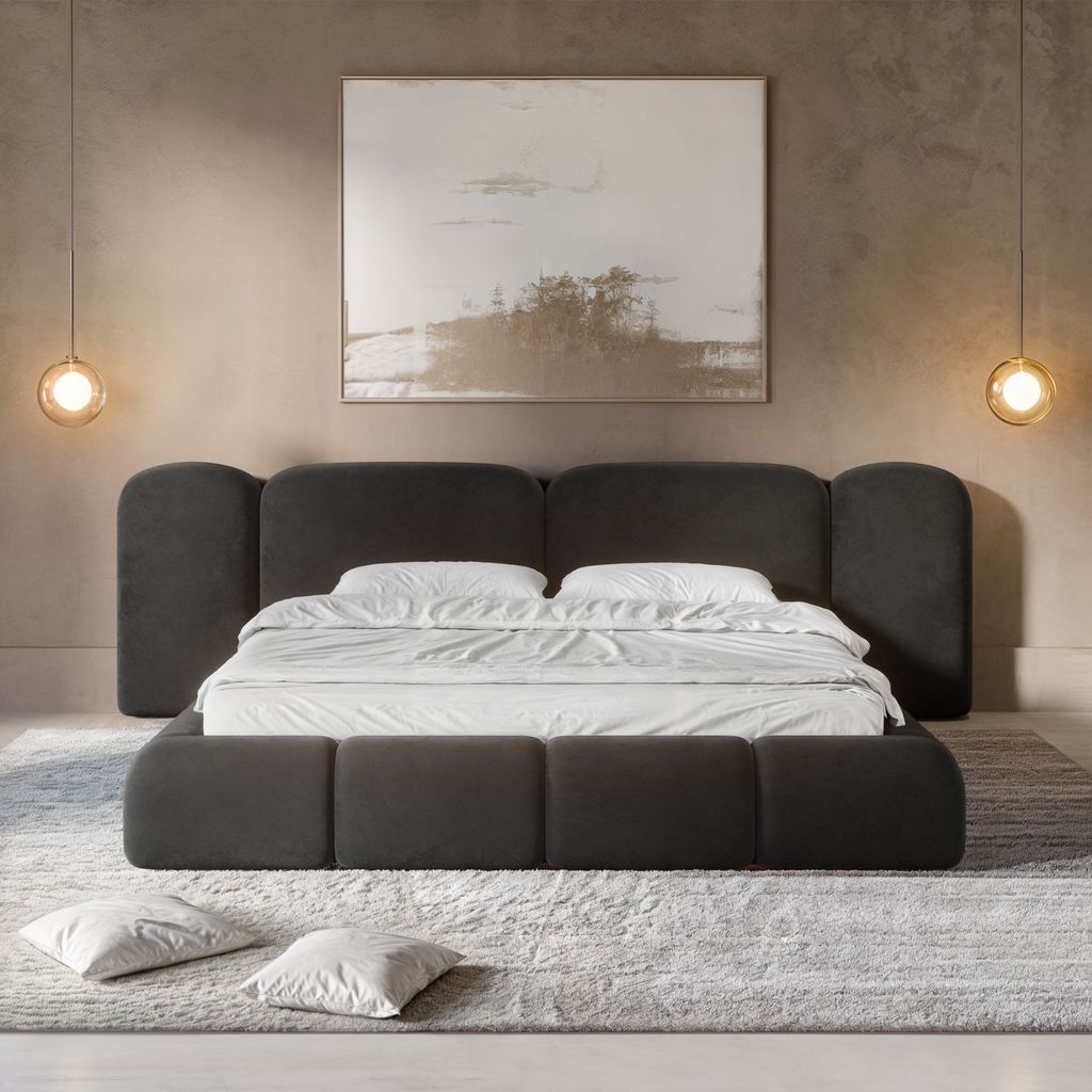 
Design Polsterbett „Salina“ mit Ablagefach, Samt Schwarz - 140 x 200 cm