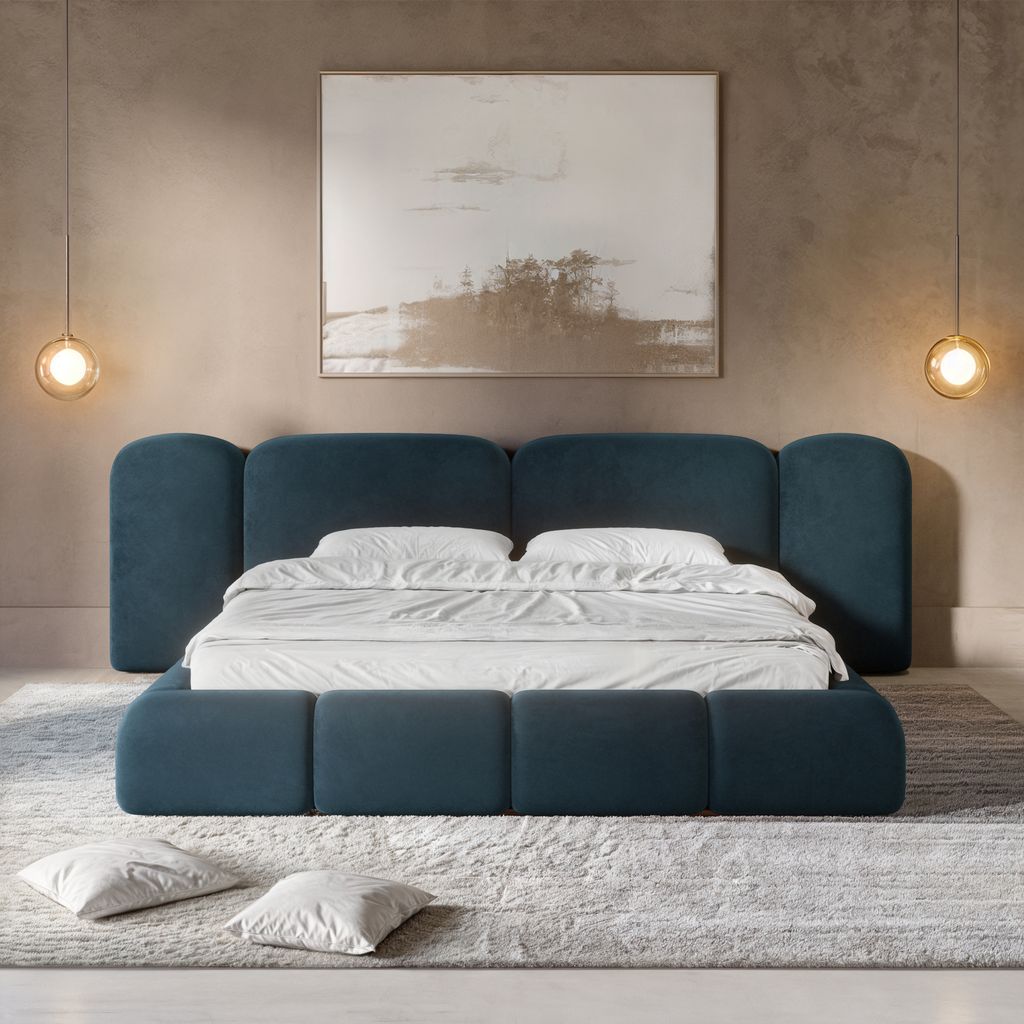 
Design Polsterbett „Salina“ mit Ablagefach, Samt Blau - 140 x 200 cm