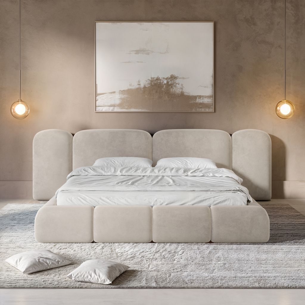 
Design Polsterbett „Salina“ mit Ablagefach, Samt Sand - 140 x 200 cm