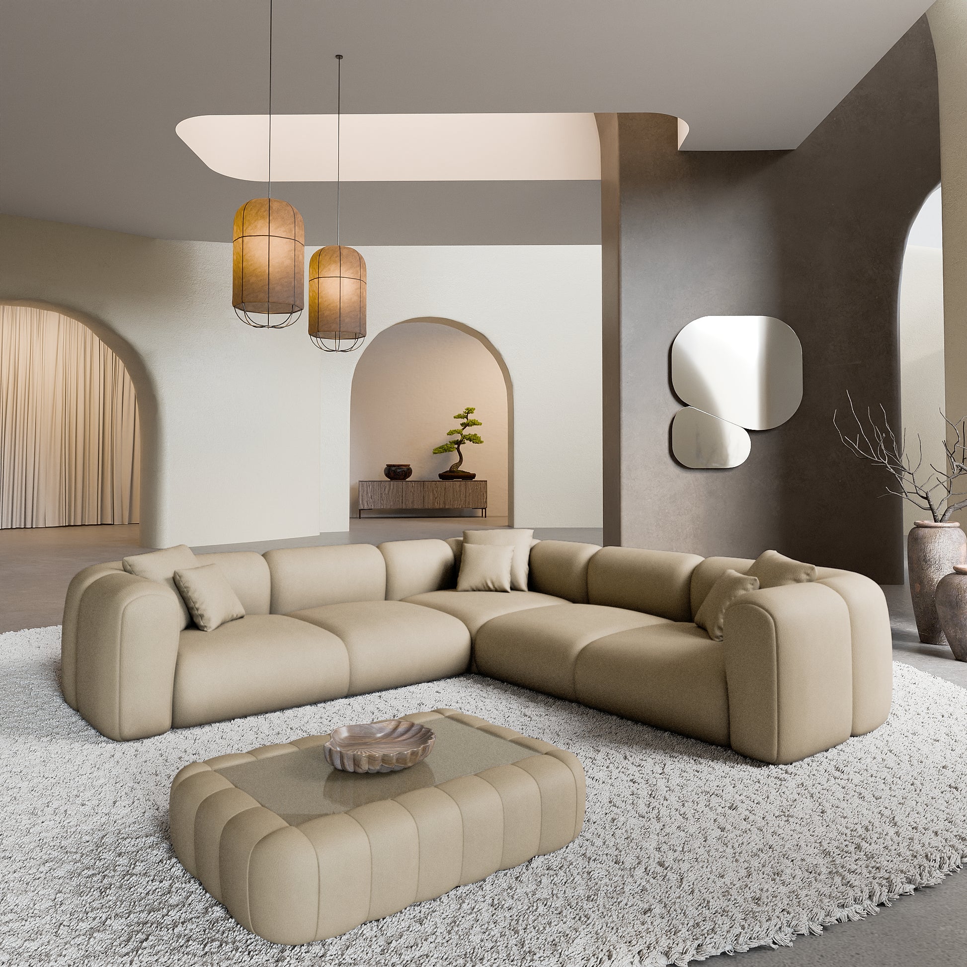 
5-Sitzer Design Echtleder Ecksofa „Terranova“ - Echtleder Beige