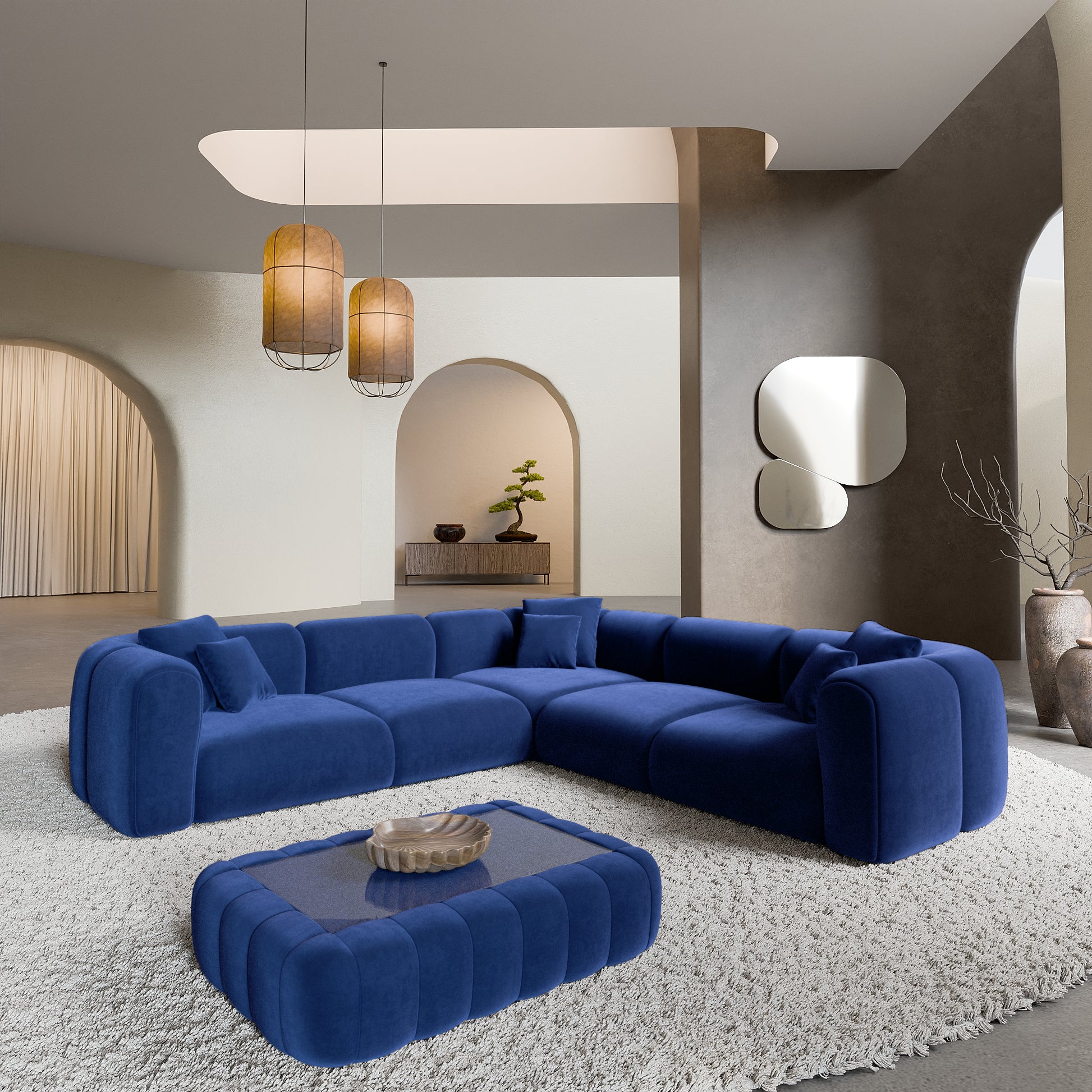 
5-Sitzer Design Ecksofa „Terranova“ mit Samtbezug - Samtbezug Königsblau