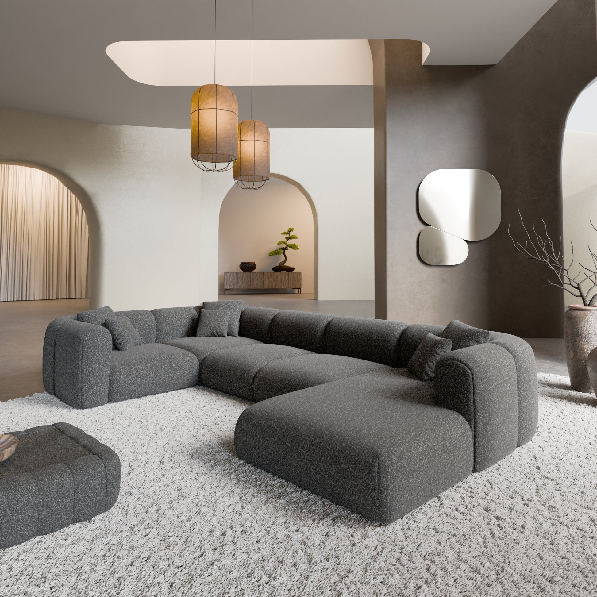 
6-Sitzer Design Panorama-Sofa „Terranova XL“ mit Bouclé-Bezug - Bouclé Graphit / Lange Seite links
