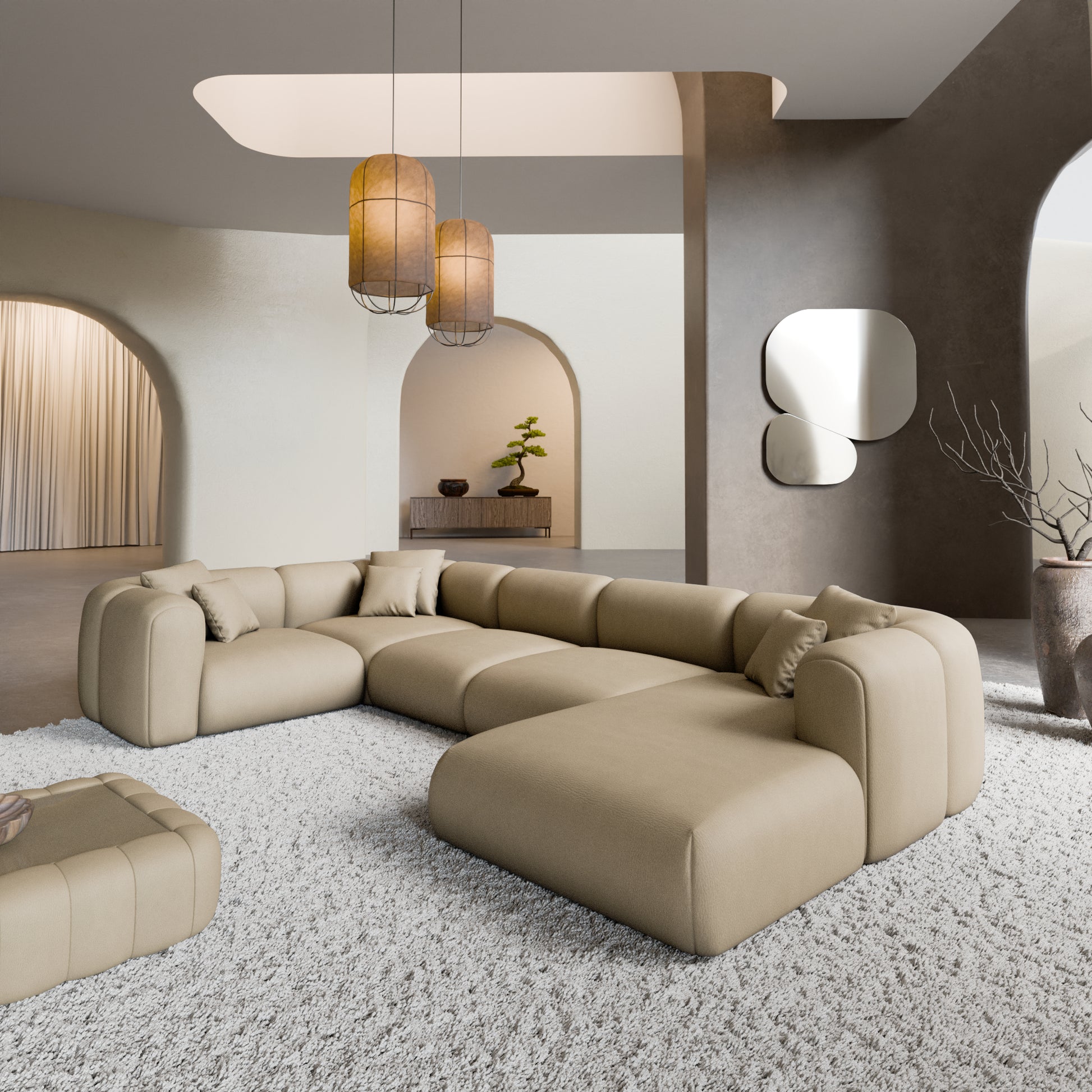 
6-Sitzer Design Echtleder Panorama-Sofa „Terranova XL“ - Echtleder Beige / Lange Seite links