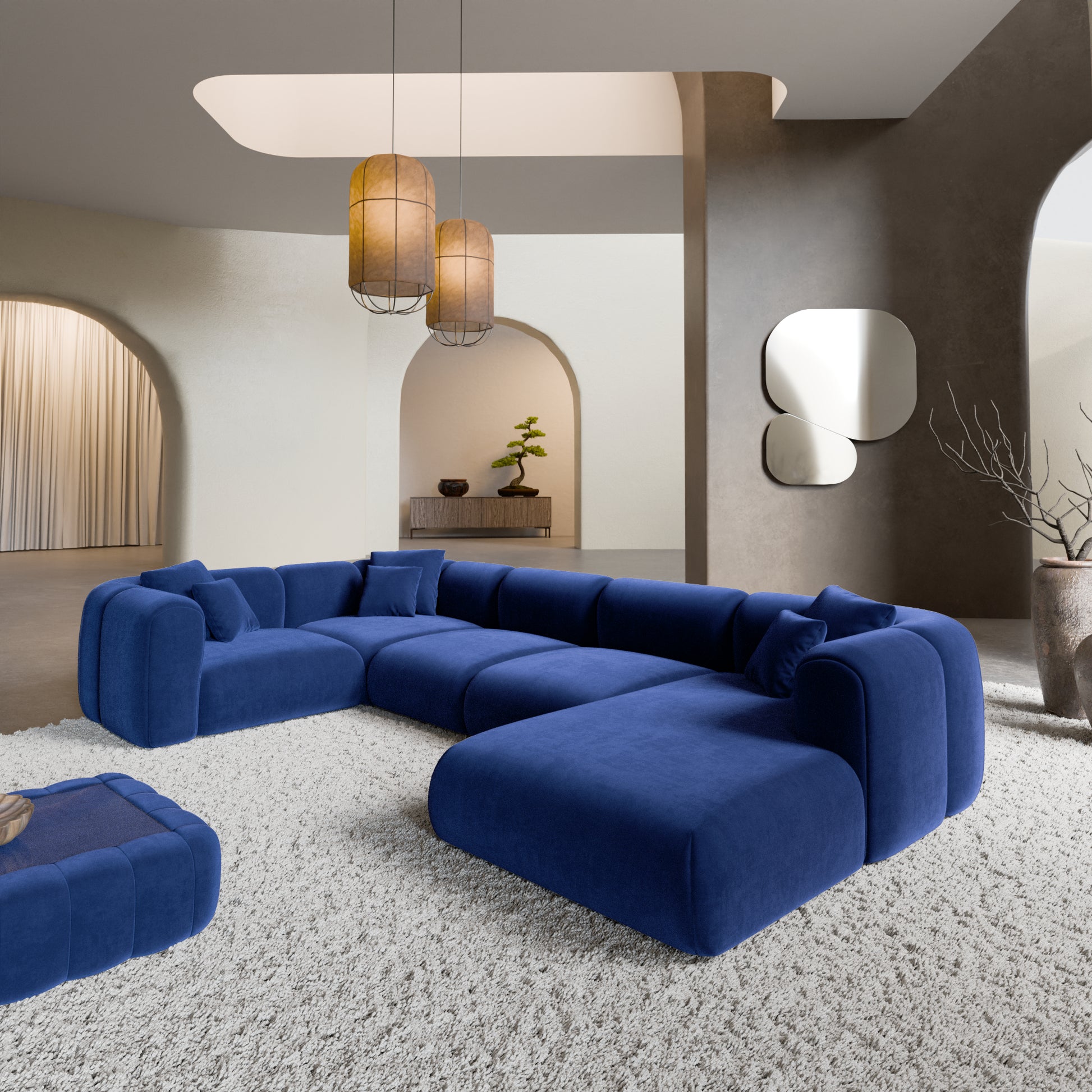 
6-Sitzer Design Panorama-Sofa „Terranova XL“ mit Samtbezug - Samtbezug Königsblau / Lange Seite links
