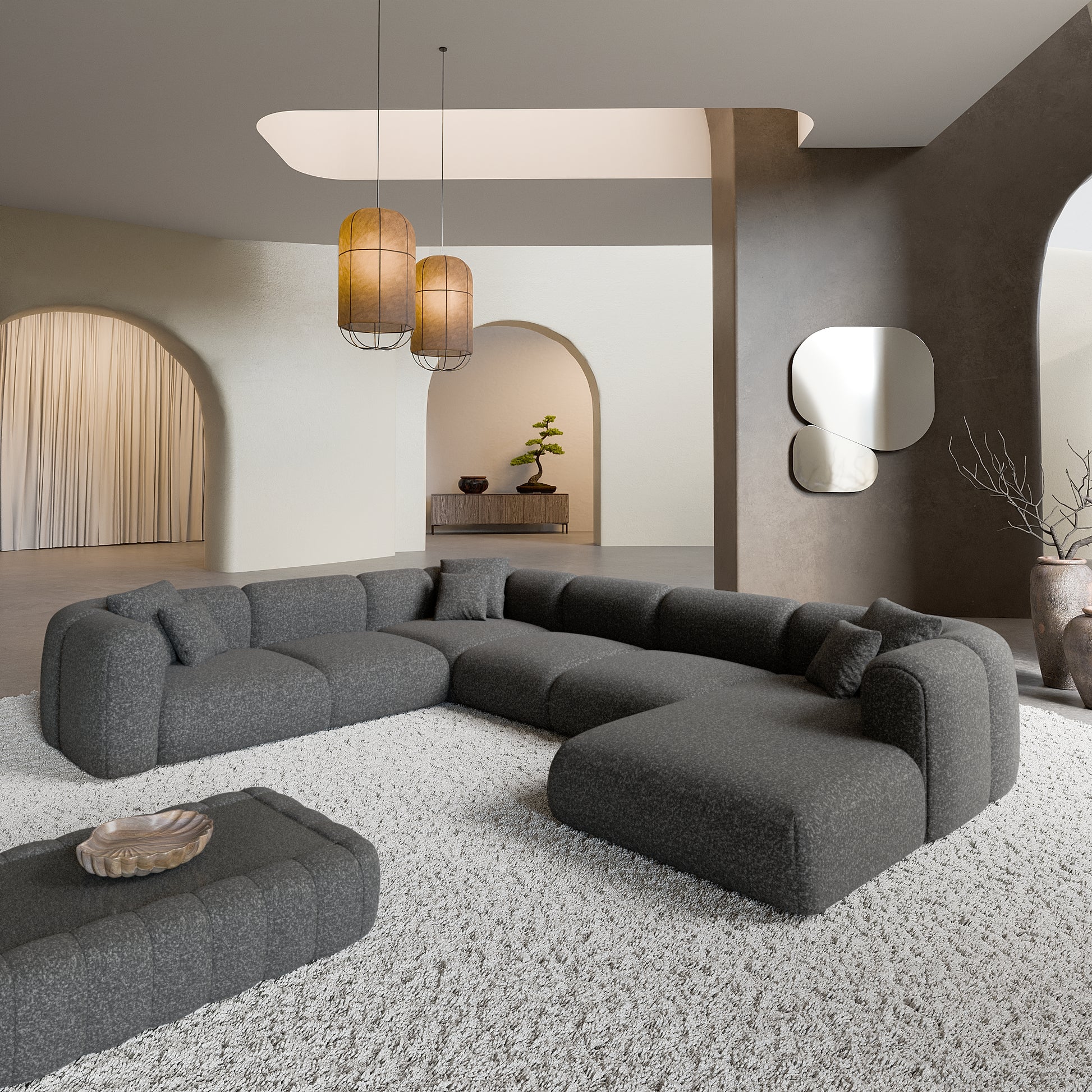 
7-Sitzer Design Panorama-Sofa „Terranova XXL“ mit Bouclé-Bezug - Bouclé Graphit / Lange Seite links