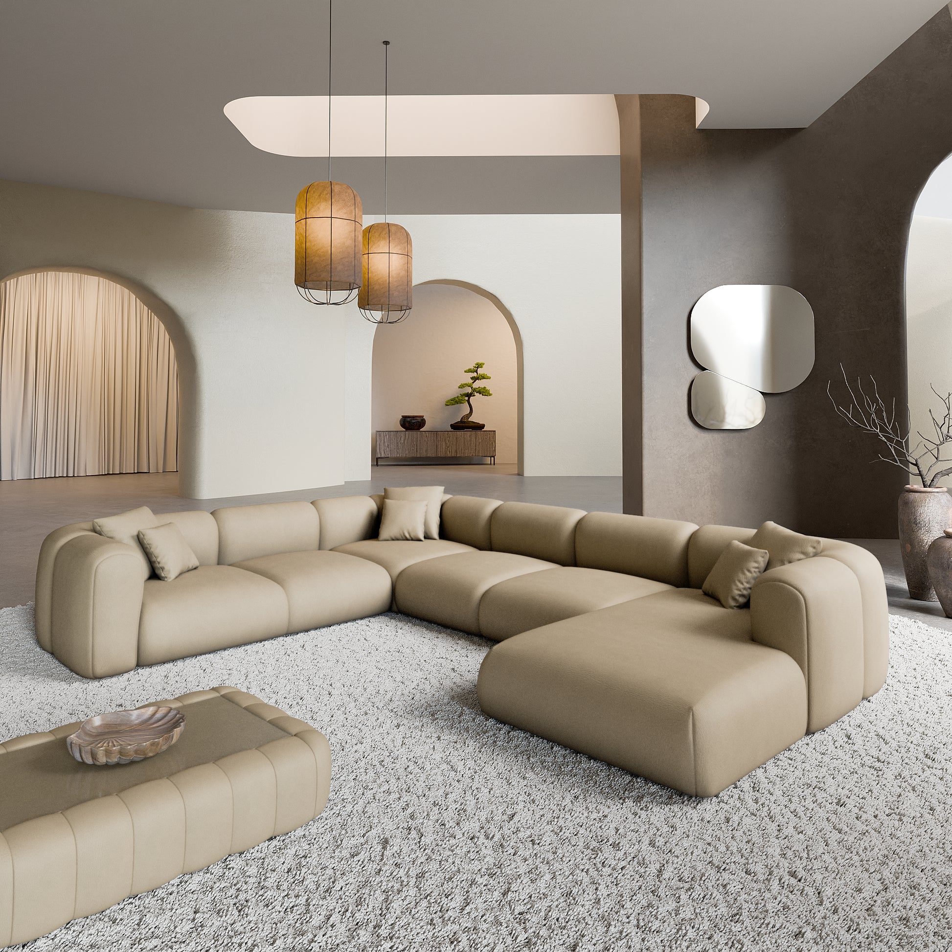 
7-Sitzer Design Echtleder Panorama-Sofa „Terranova Lounge XXL“ - Echtleder Beige / Lange Seite links