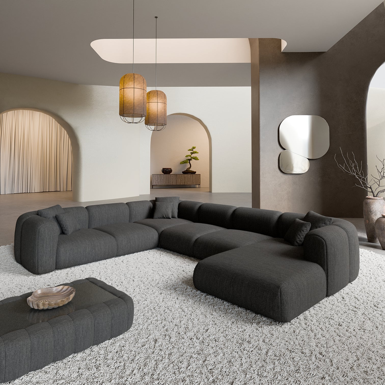 
7-seater designer panoramic sofa “Terranova XXL” with textured fabric upholstery - Textured fabric Anthracite / Long side left