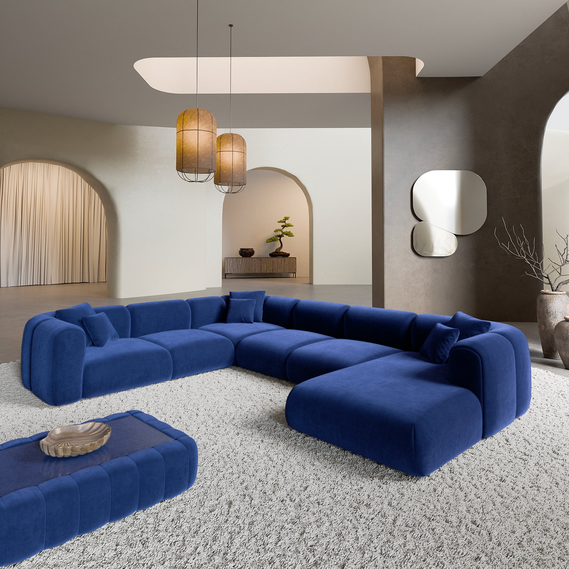 
7-Sitzer Design Panorama-Sofa „Terranova Lounge XXL“ mit Samtbezug - Samtbezug Königsblau / Lange Seite links