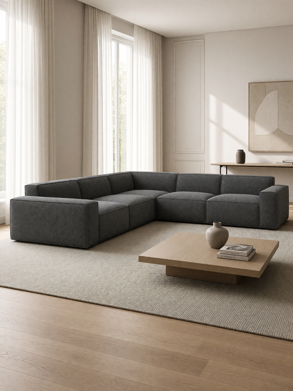 
Divano angolare di design a 5 posti «Siena» con rivestimento bouclé - Bouclé Grafite