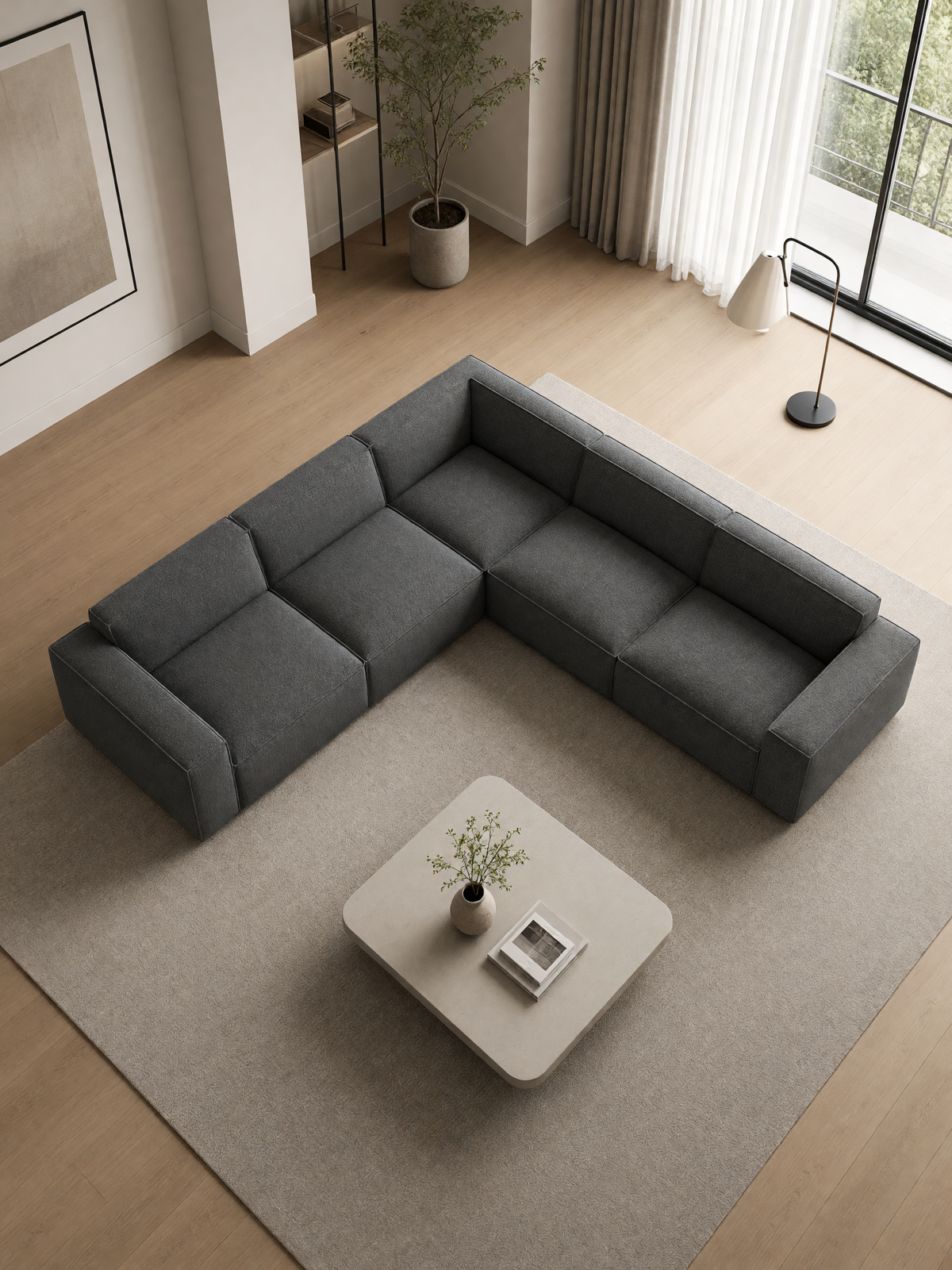 
Divano angolare di design a 5 posti «Siena» con rivestimento bouclé - Bouclé Grafite