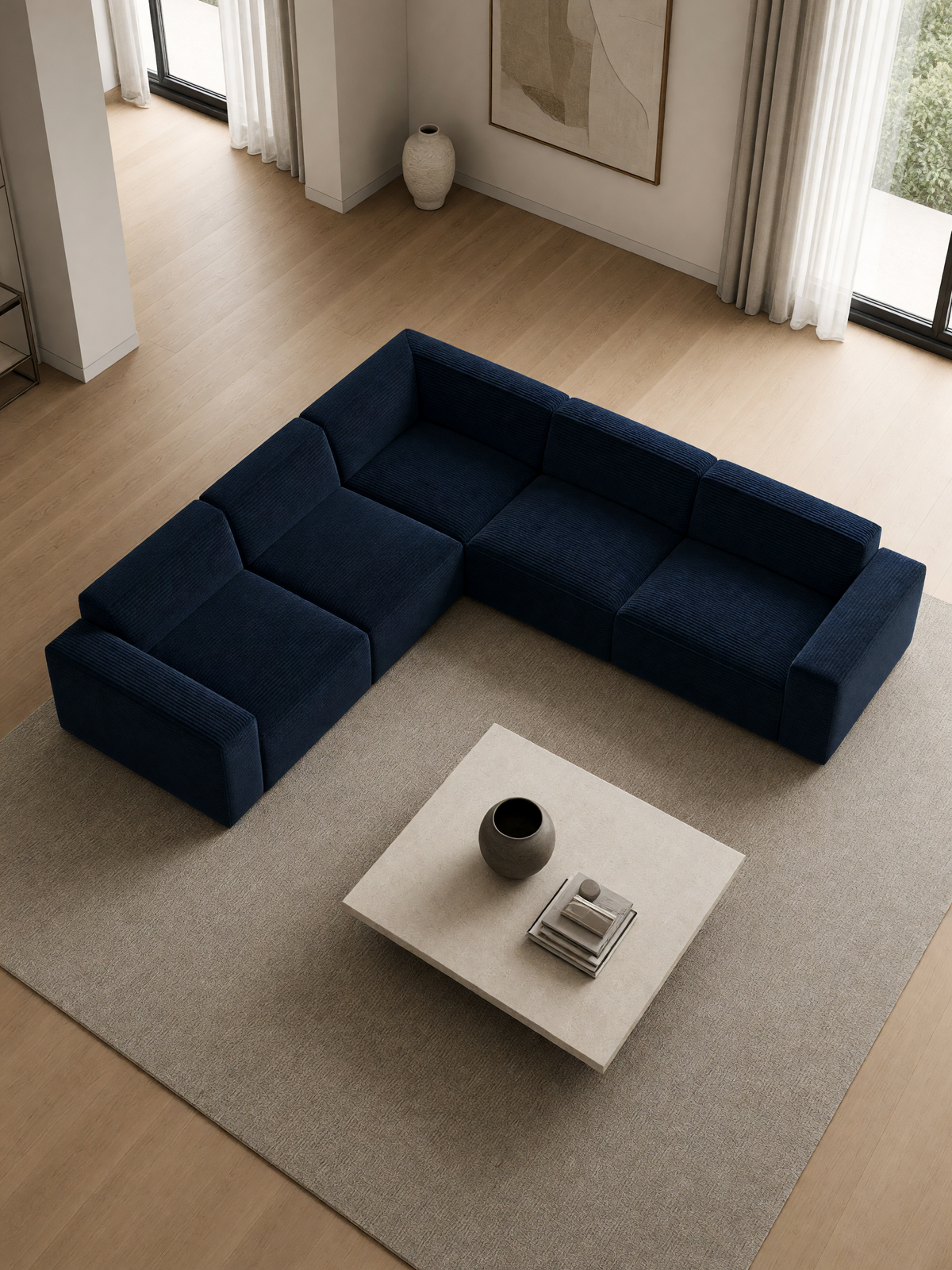 
Divano angolare di design a 5 posti «Siena», velluto a coste - Cordsamt Blu scuro