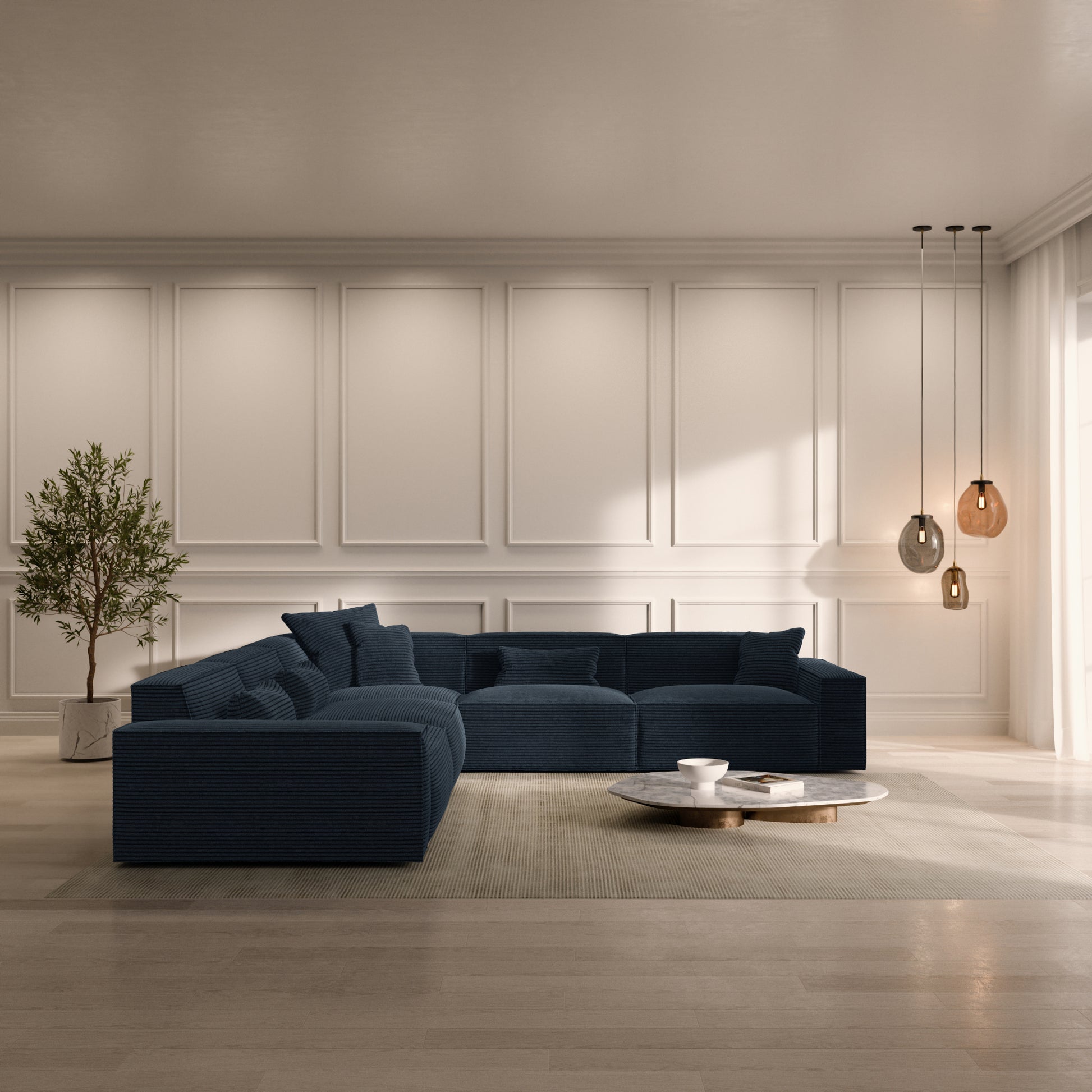 
5-Sitzer Design Ecksofa „Siena“, Cordsamt - Cordsamt Dunkelblau