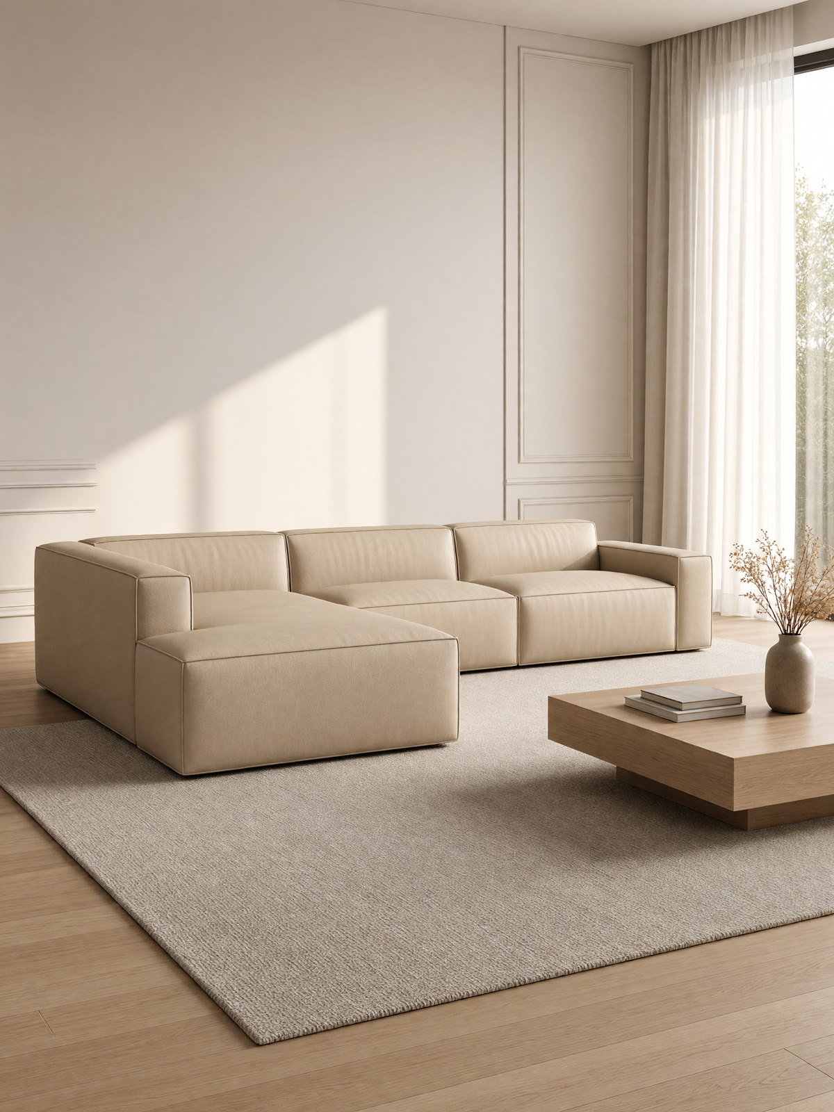 
Divano angolare di design a 5 posti in vera pelle «Siena» - Vera pelle Beige