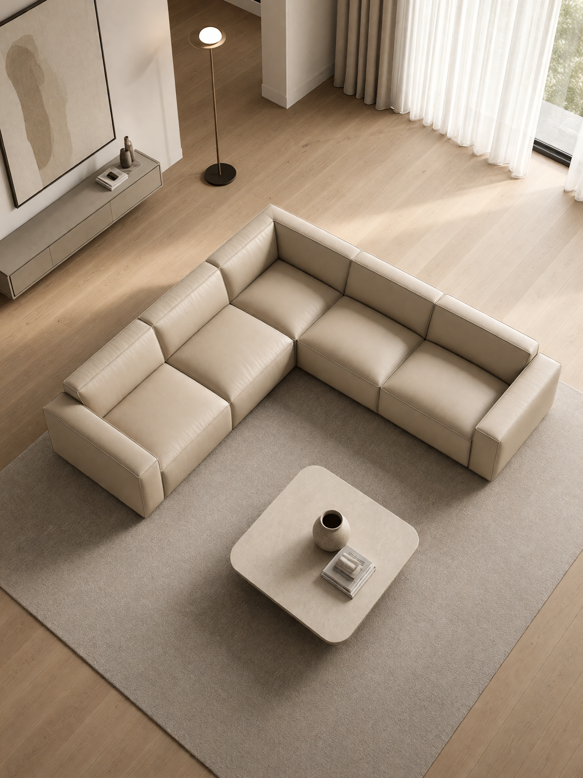 
Divano angolare di design a 5 posti in vera pelle «Siena» - Vera pelle Beige