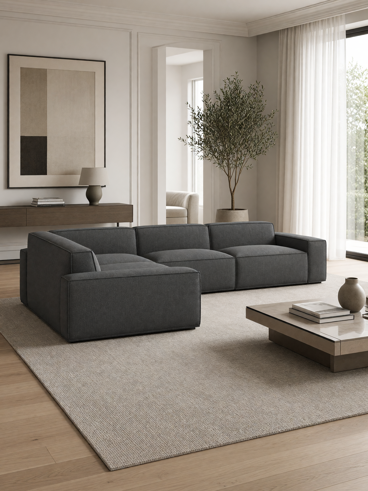
5-seater designer corner sofa “Siena” with textured fabric upholstery - Textured fabric Anthracite