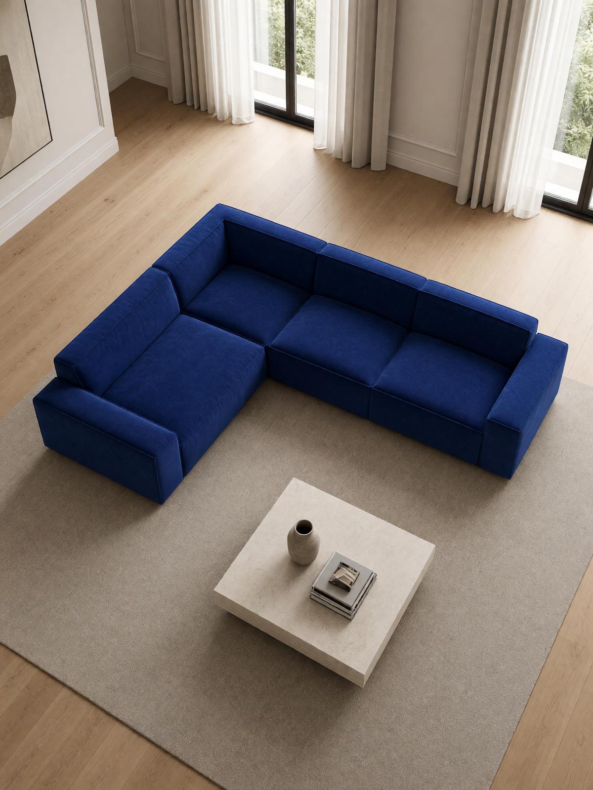
Divano angolare di design a 5 posti «Siena» con rivestimento in velluto - Rivestimento in raso blu reale
