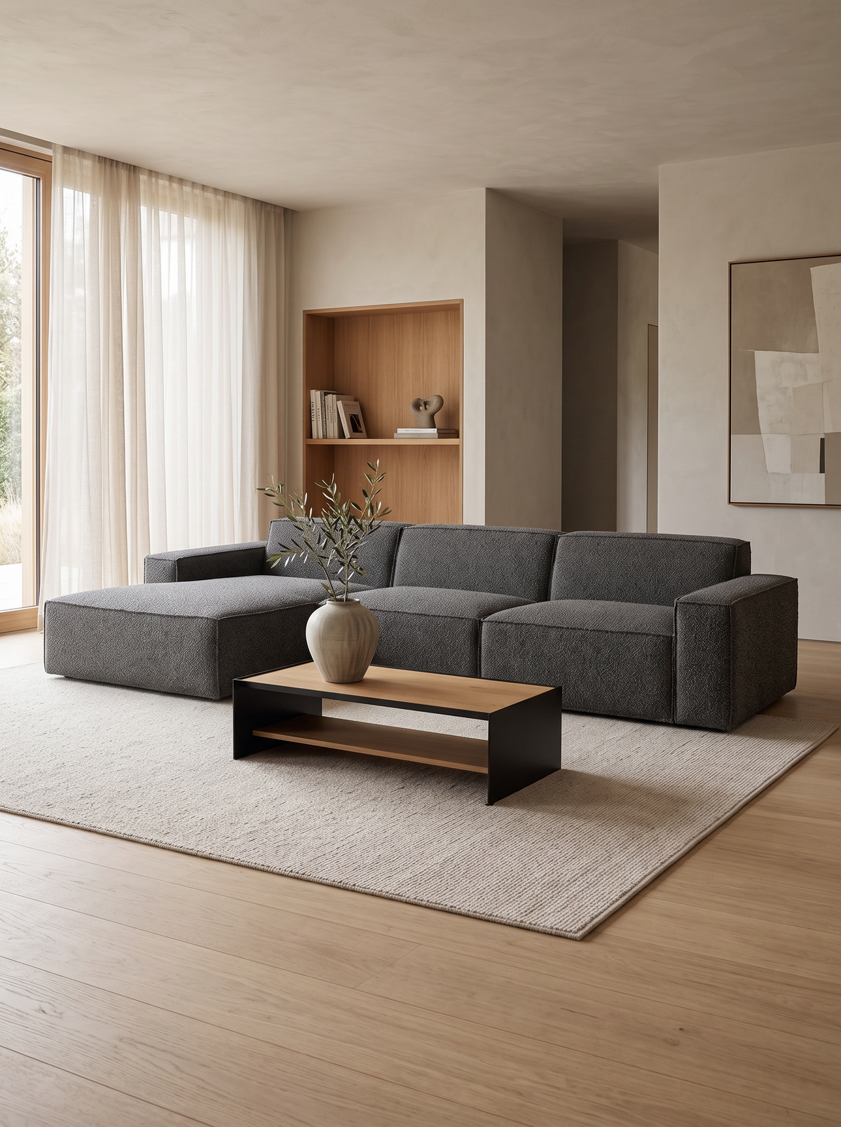 
4-seater designer corner sofa “Siena” with bouclé upholstery - Bouclé Graphite / Left corner section