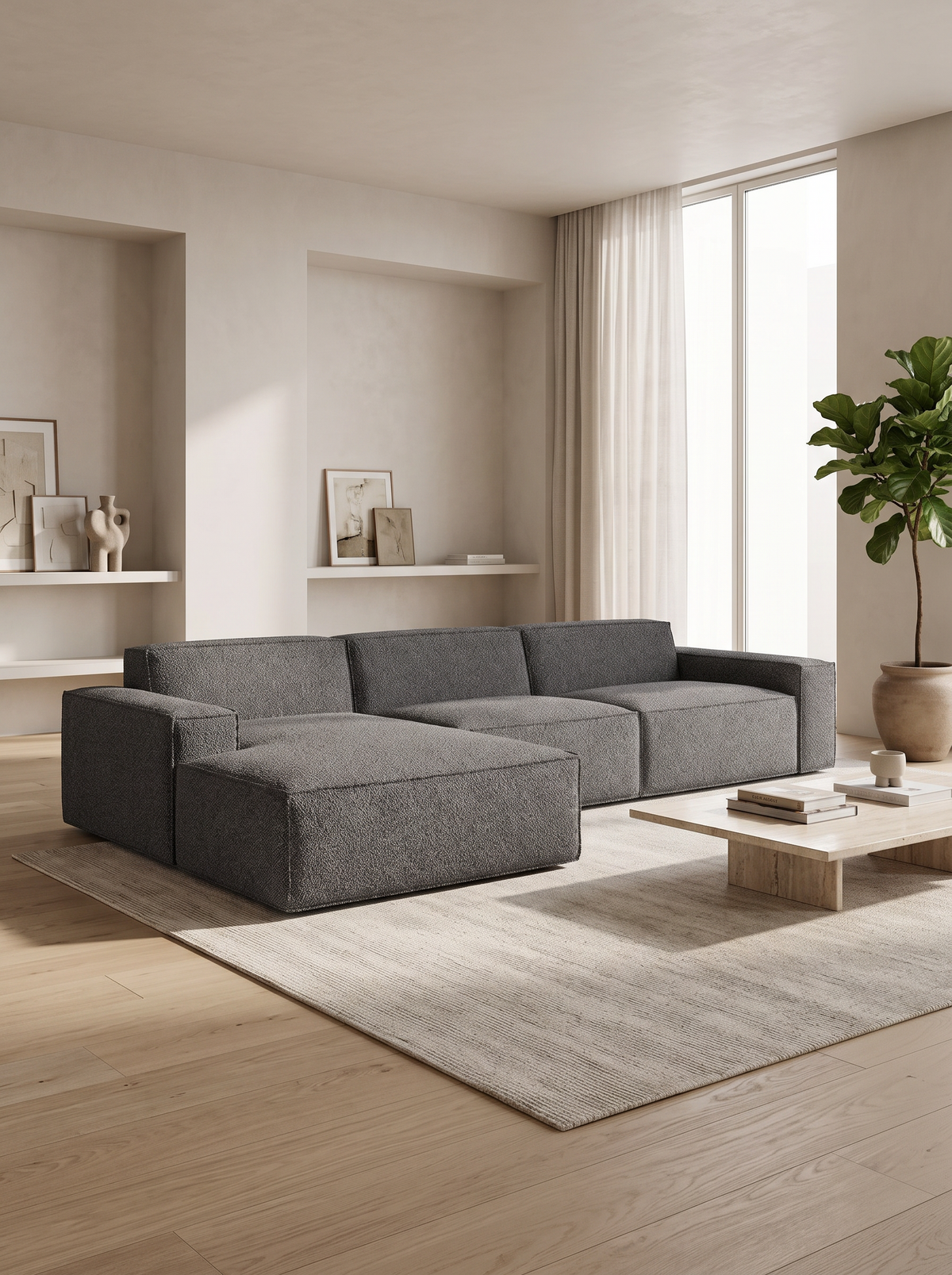 
4-seater designer corner sofa “Siena” with bouclé upholstery - Bouclé Graphite / Left corner section