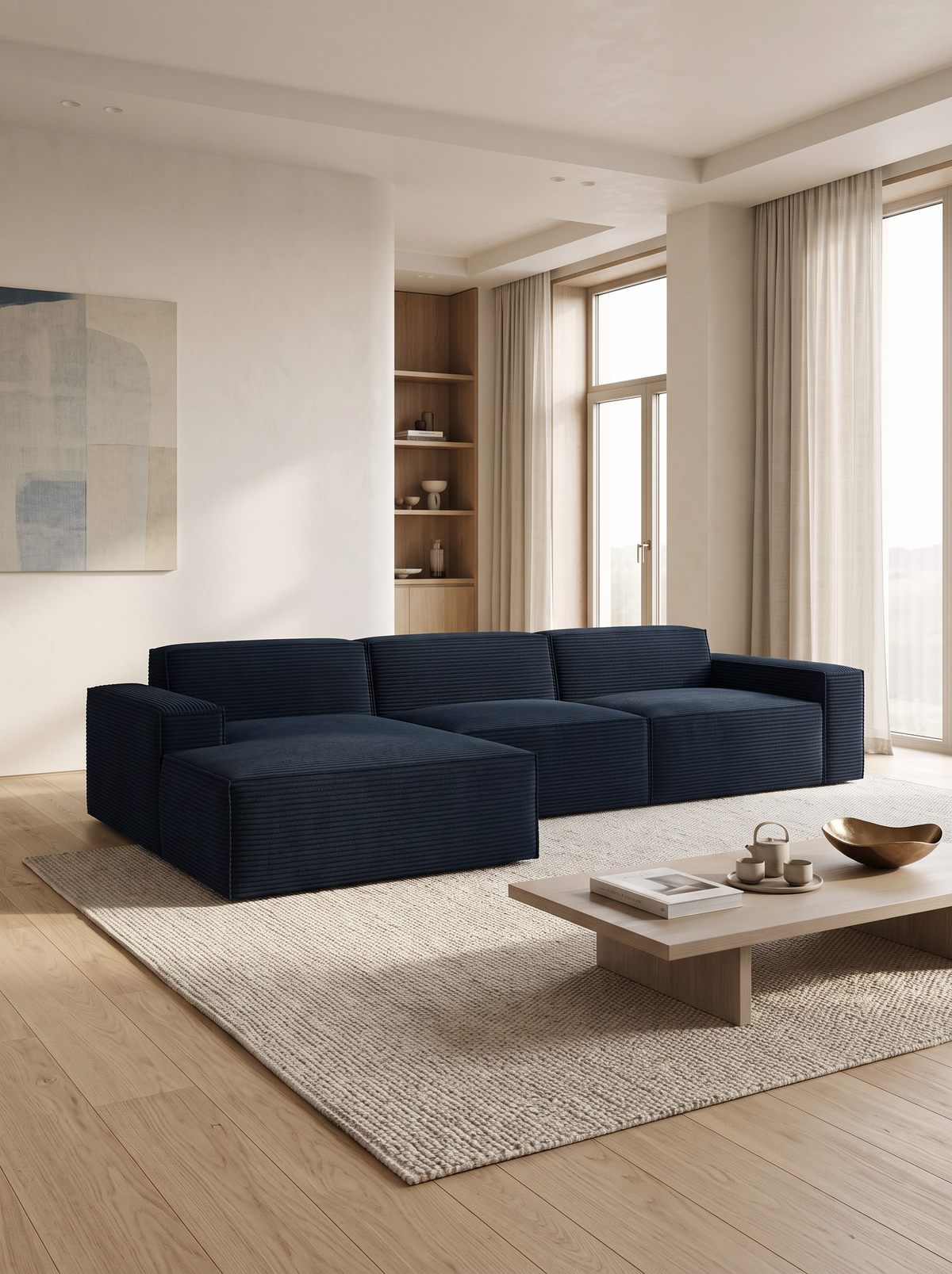 
4-seater designer corner sofa “Siena”, corduroy velvet - Dark blue corduroy / Left corner section