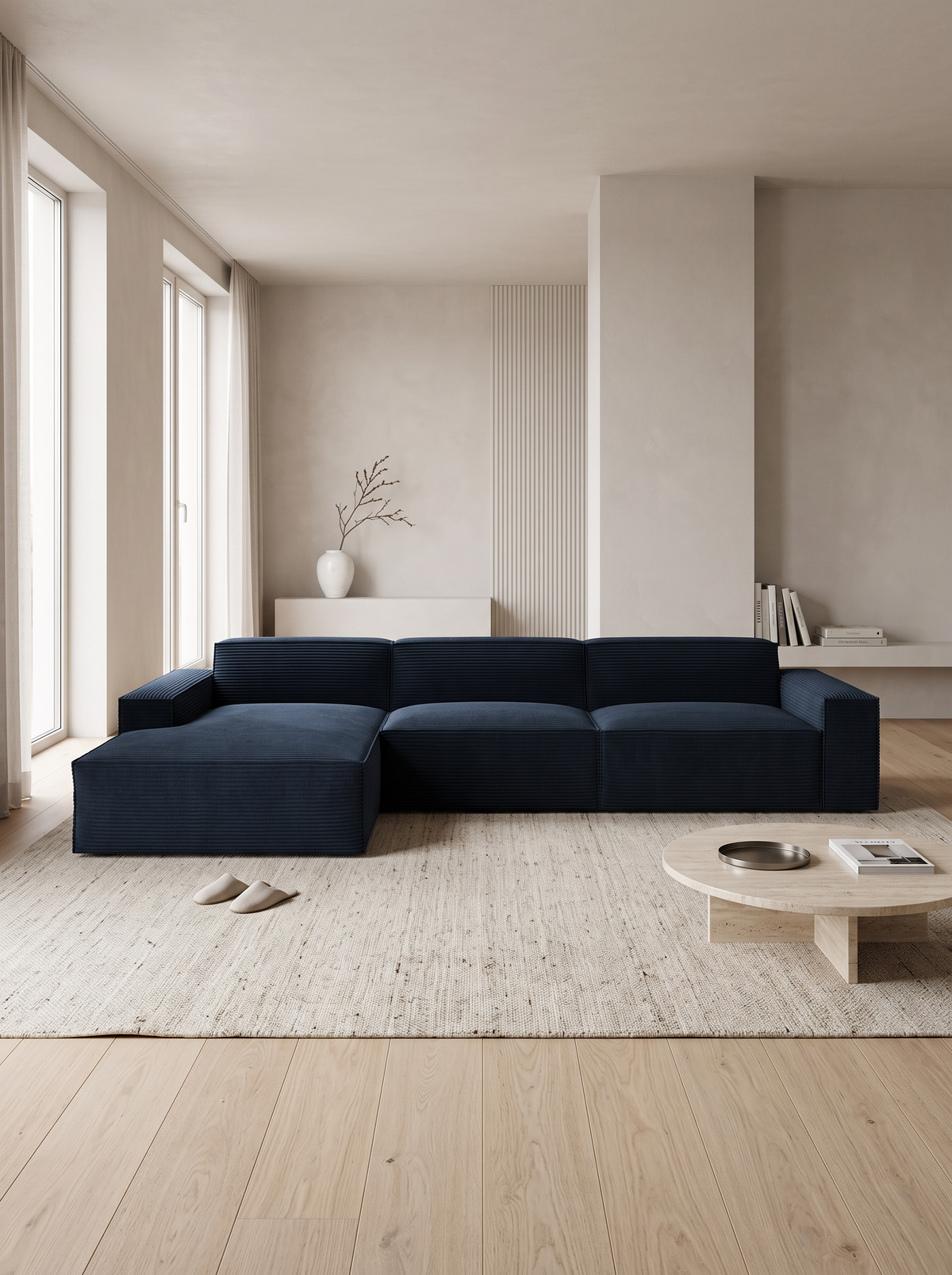 
4-seater designer corner sofa “Siena”, corduroy velvet - Dark blue corduroy / Left corner section