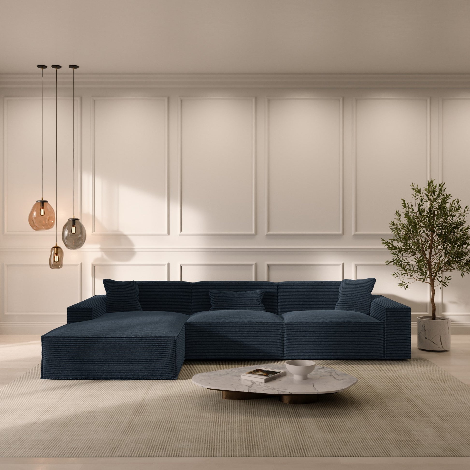 
4-Sitzer Design Ecksofa „Siena“, Cordsamt - Cordsamt Dunkelblau / Eckteil links