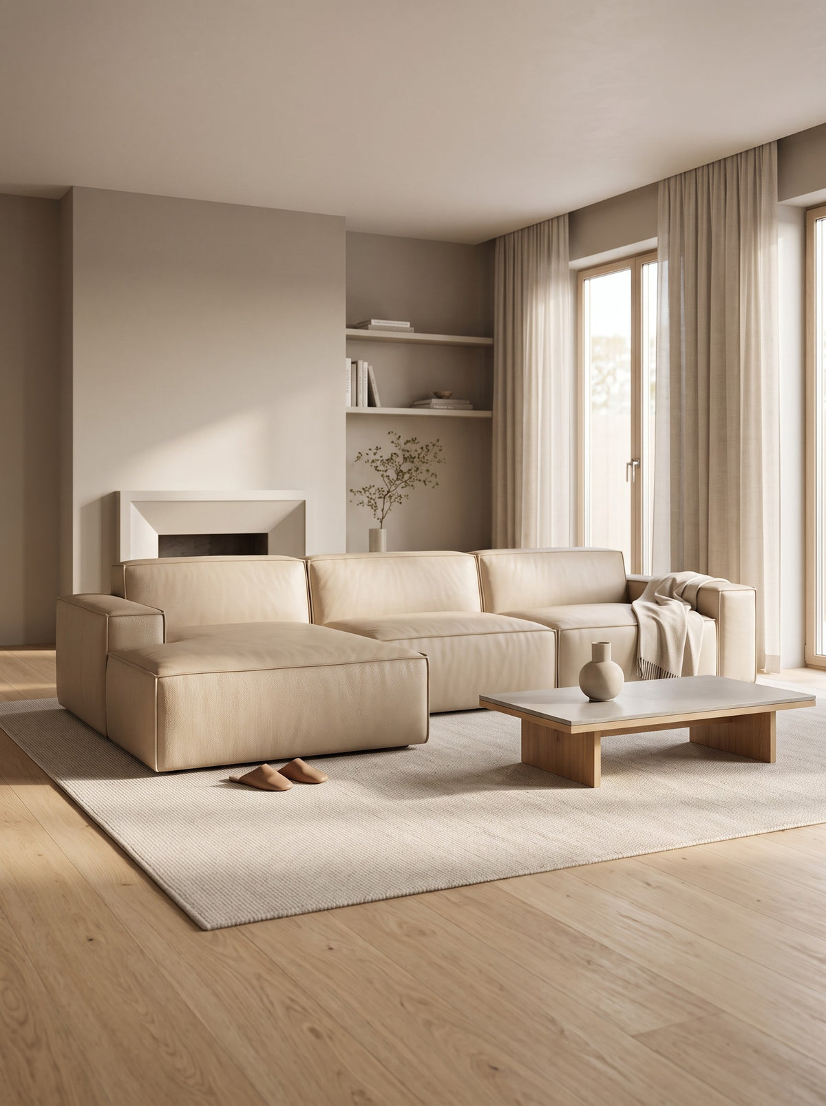 
4-seater designer genuine leather corner sofa “Siena” - Genuine leather Beige / Left corner section