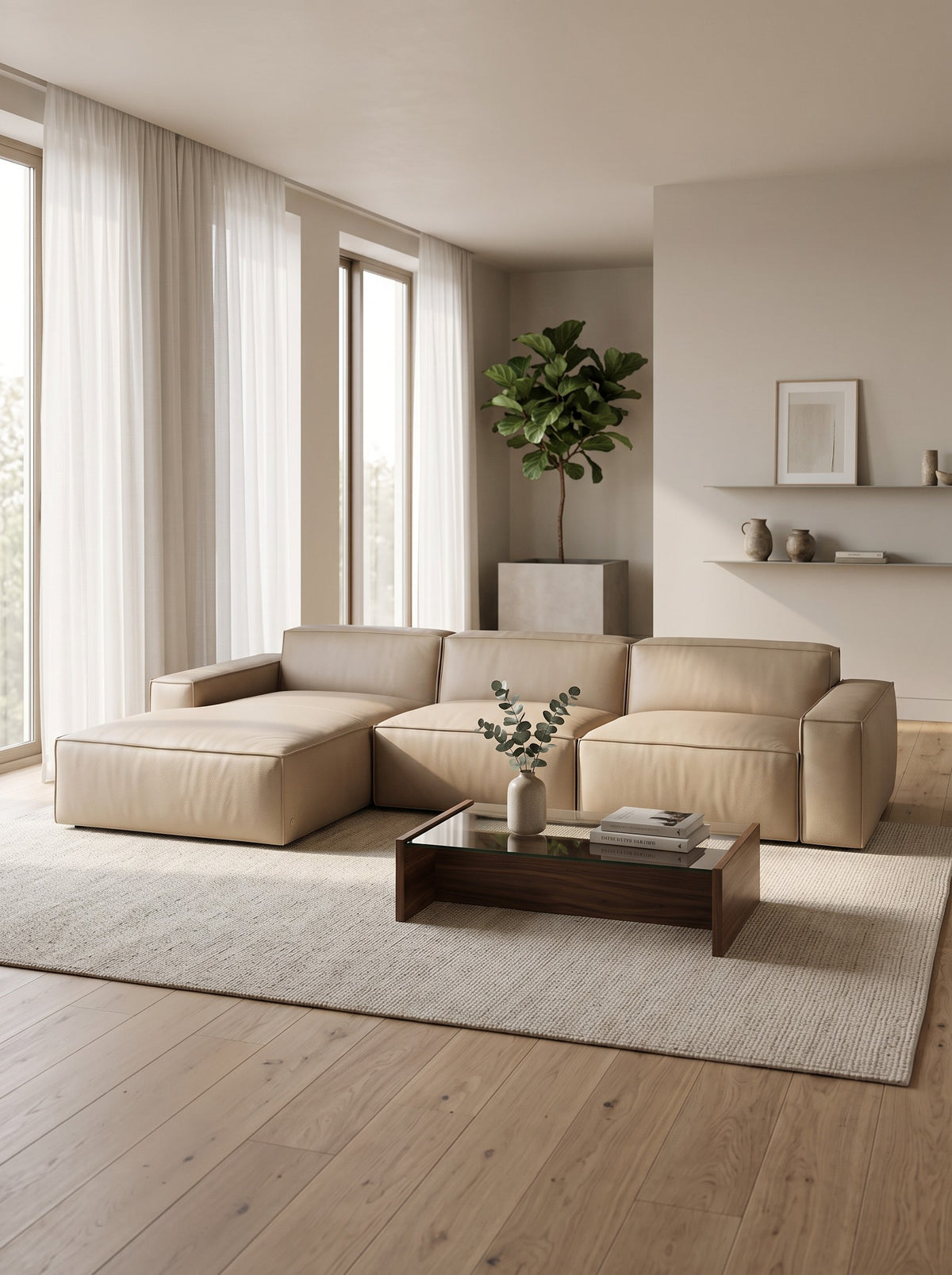
4-seater designer genuine leather corner sofa “Siena” - Genuine leather Beige / Left corner section