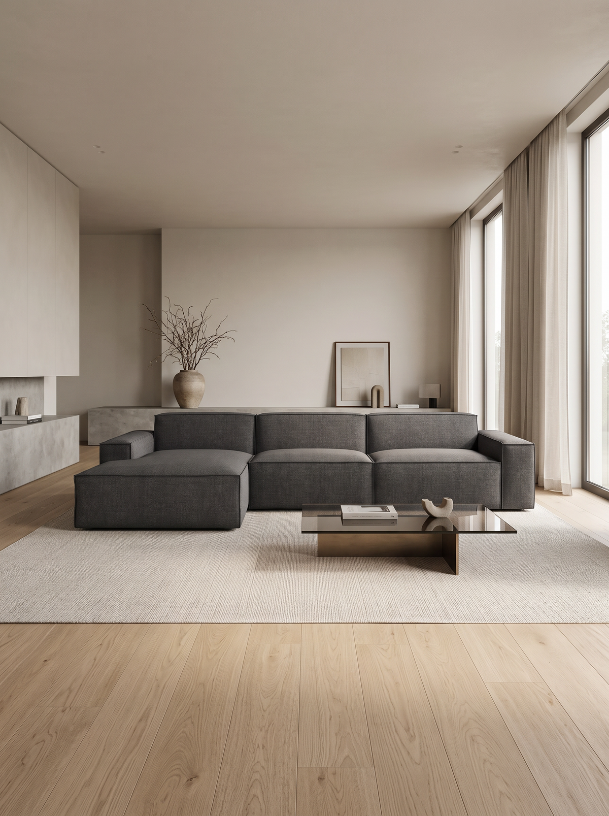 
4-seater designer corner sofa “Siena” with textured fabric upholstery - Textured fabric Anthracite / Left corner section