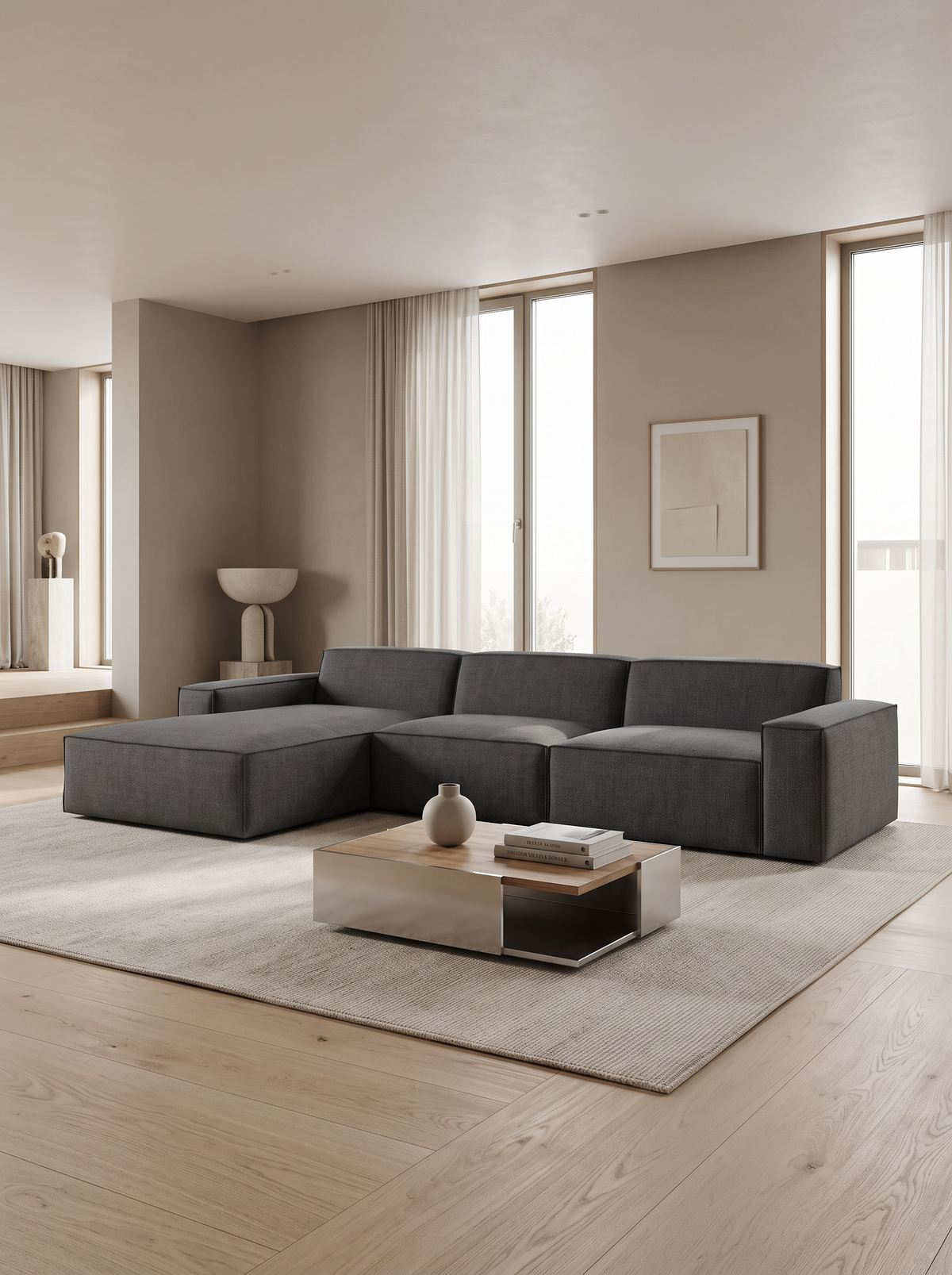 
4-seater designer corner sofa “Siena” with textured fabric upholstery - Textured fabric Anthracite / Left corner section