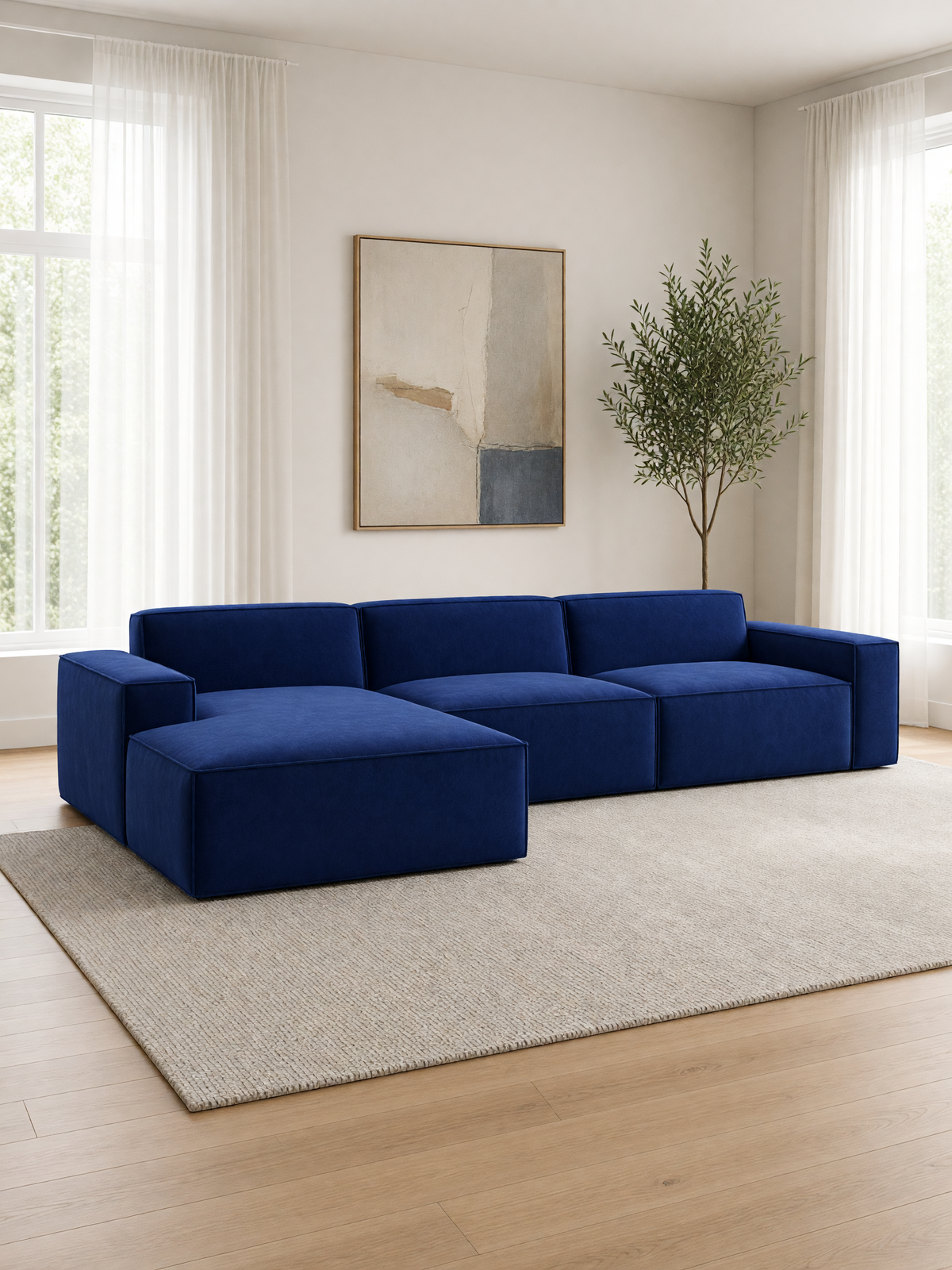 
Divano angolare di design a 4 posti «Siena» con rivestimento in velluto - Rivestimento in raso blu reale / Elemento angolare sinistro
