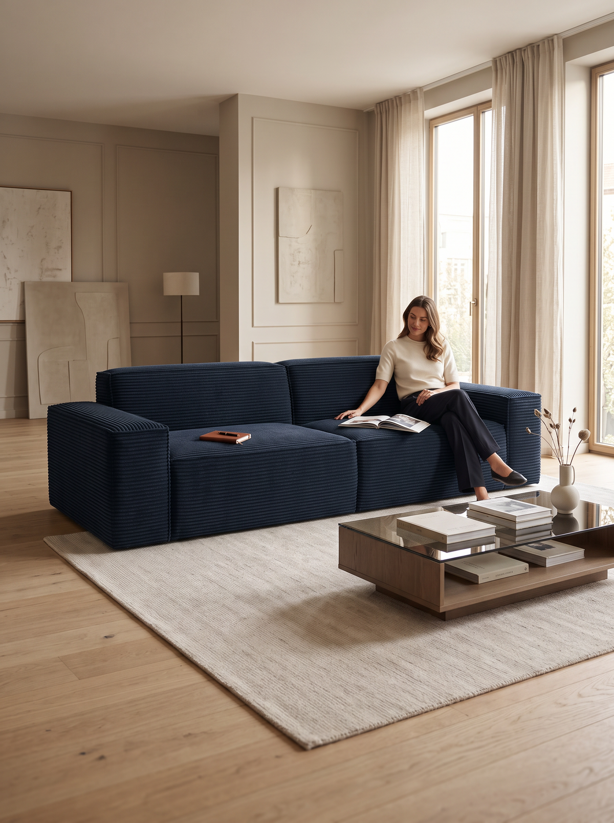 
2-Sitzer Design Sofa „Siena“, Cordsamt - Cordsamt Dunkelblau