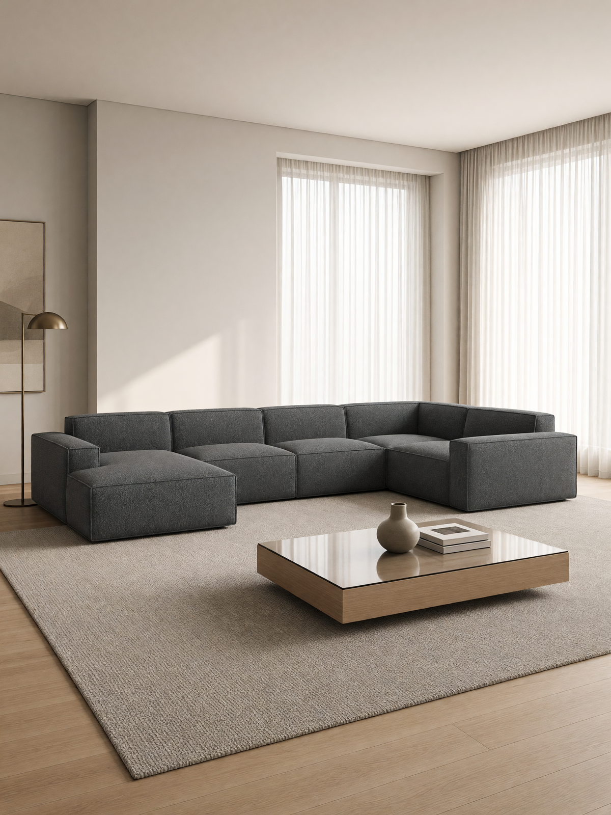 
Divano panoramico di design a 6 posti «Siena XL» con rivestimento bouclé - Bouclé Grafite / Lato lungo a sinistra
