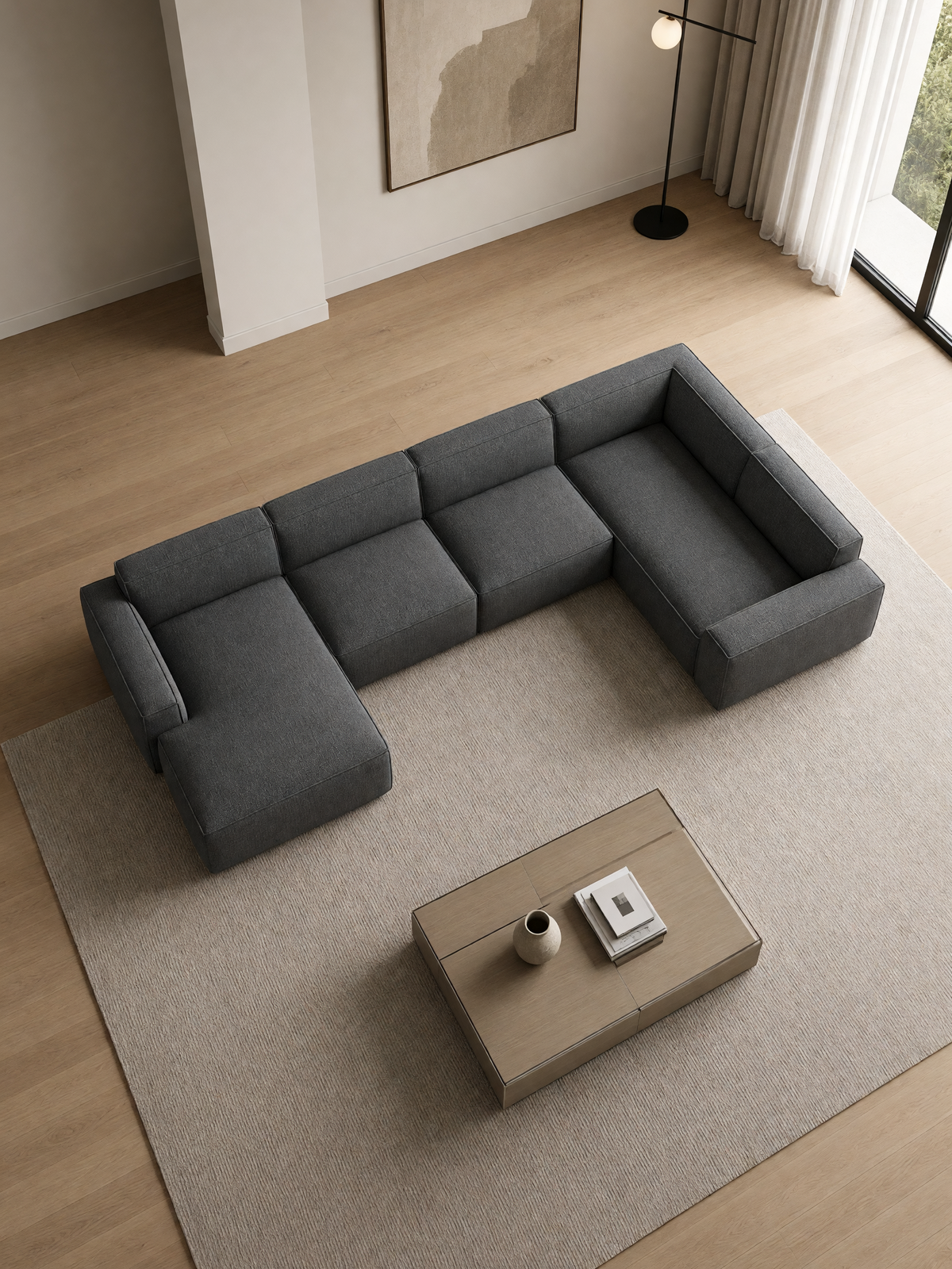 
Divano panoramico di design a 6 posti «Siena XL» con rivestimento bouclé - Bouclé Grafite / Lato lungo a sinistra