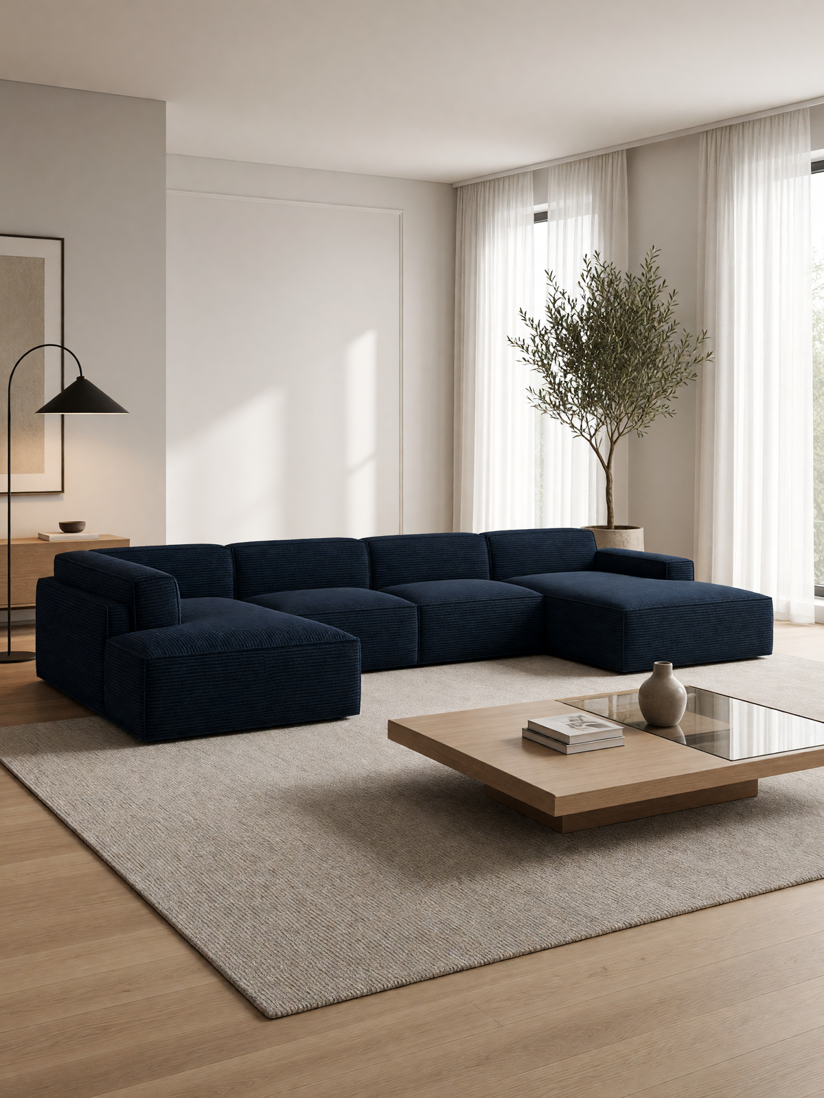 
Divano panoramico di design a 6 posti «Siena XL», velluto a coste - Cordsamt Blu scuro / Lato lungo a sinistra