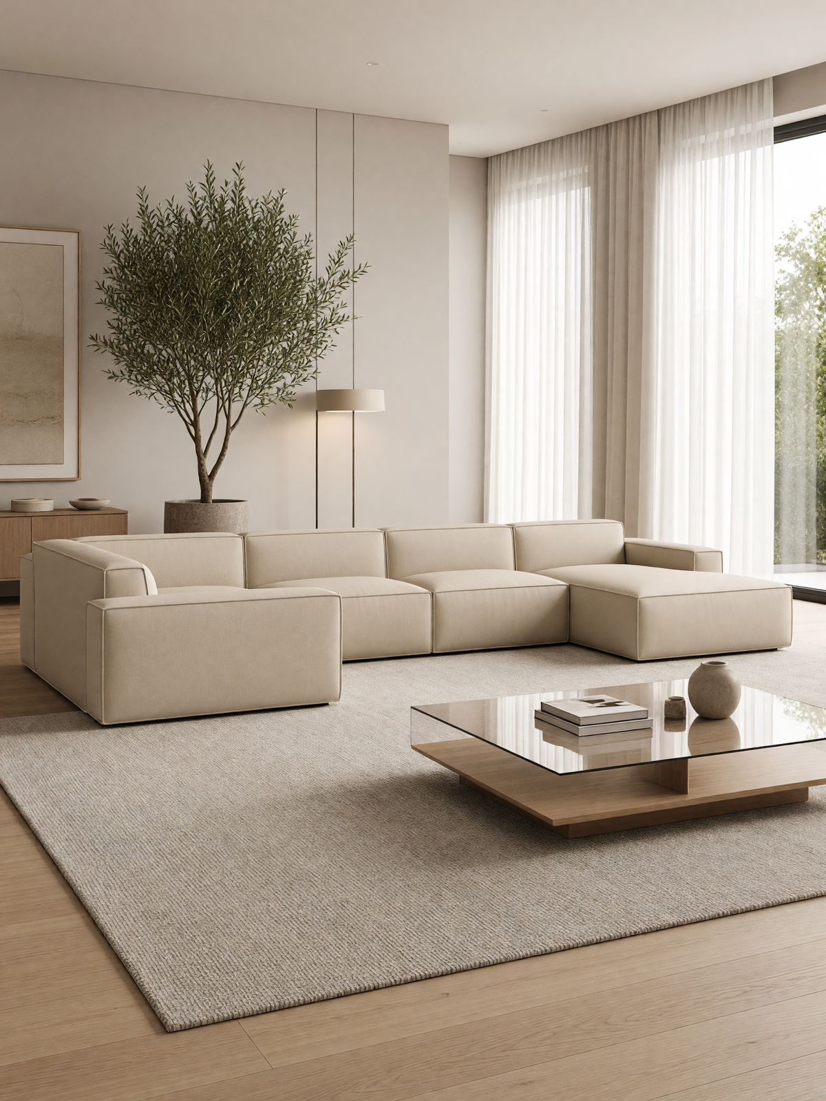 
Divano panoramico di design a 6 posti in vera pelle «Siena XL» - Vera pelle Beige / Lato lungo a sinistra