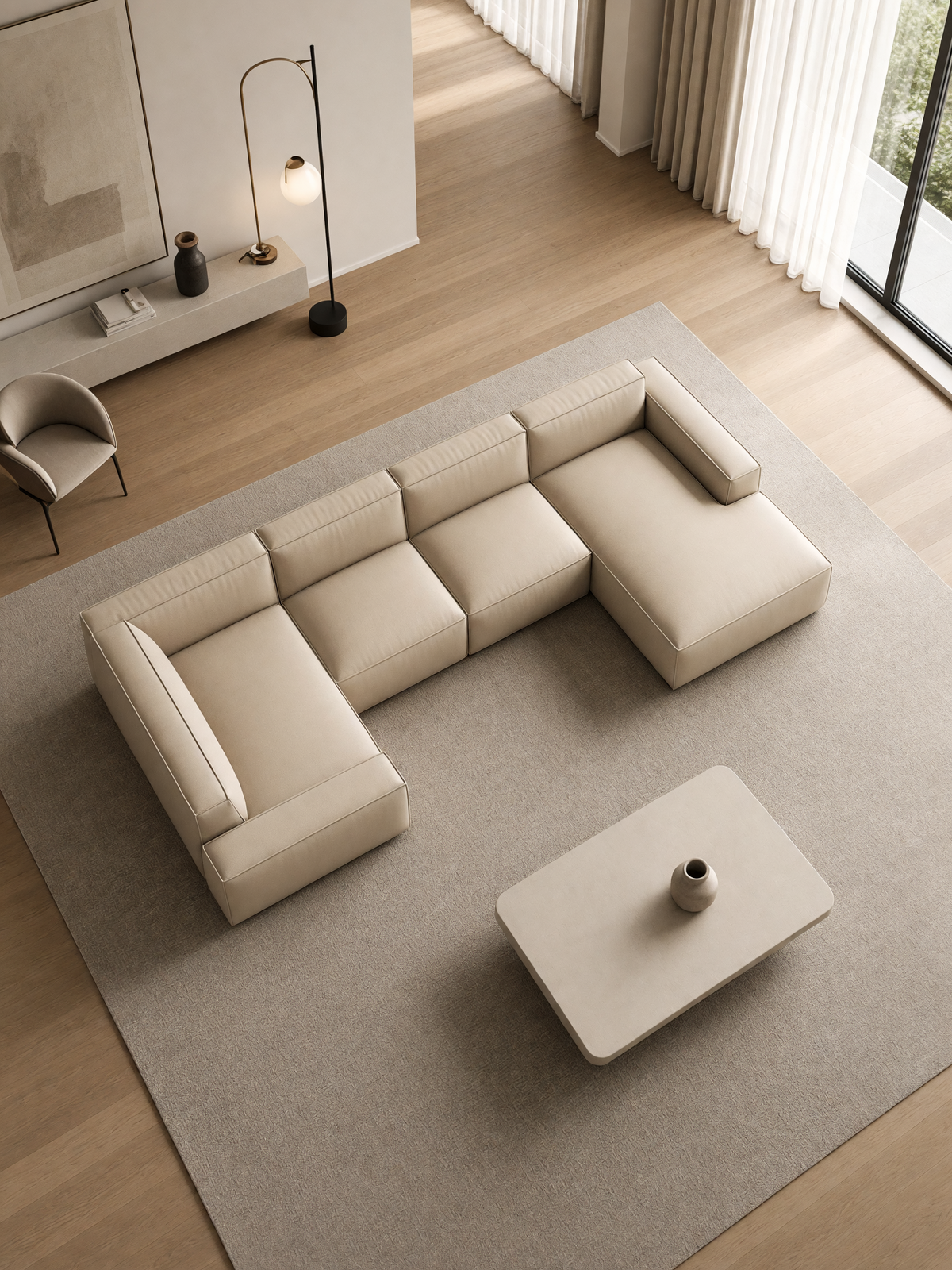 
Divano panoramico di design a 6 posti in vera pelle «Siena XL» - Vera pelle Beige / Lato lungo a sinistra