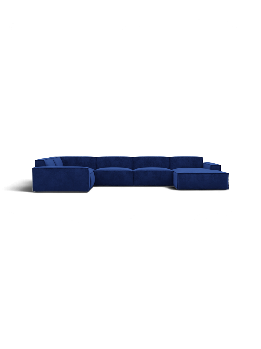 
Divano panoramico di design a 6 posti «Siena XL» con rivestimento in velluto - Rivestimento in raso blu reale / Lato lungo a sinistra