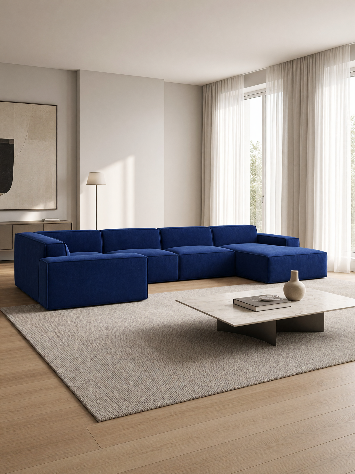 
Divano panoramico di design a 6 posti «Siena XL» con rivestimento in velluto - Rivestimento in raso blu reale / Lato lungo a sinistra