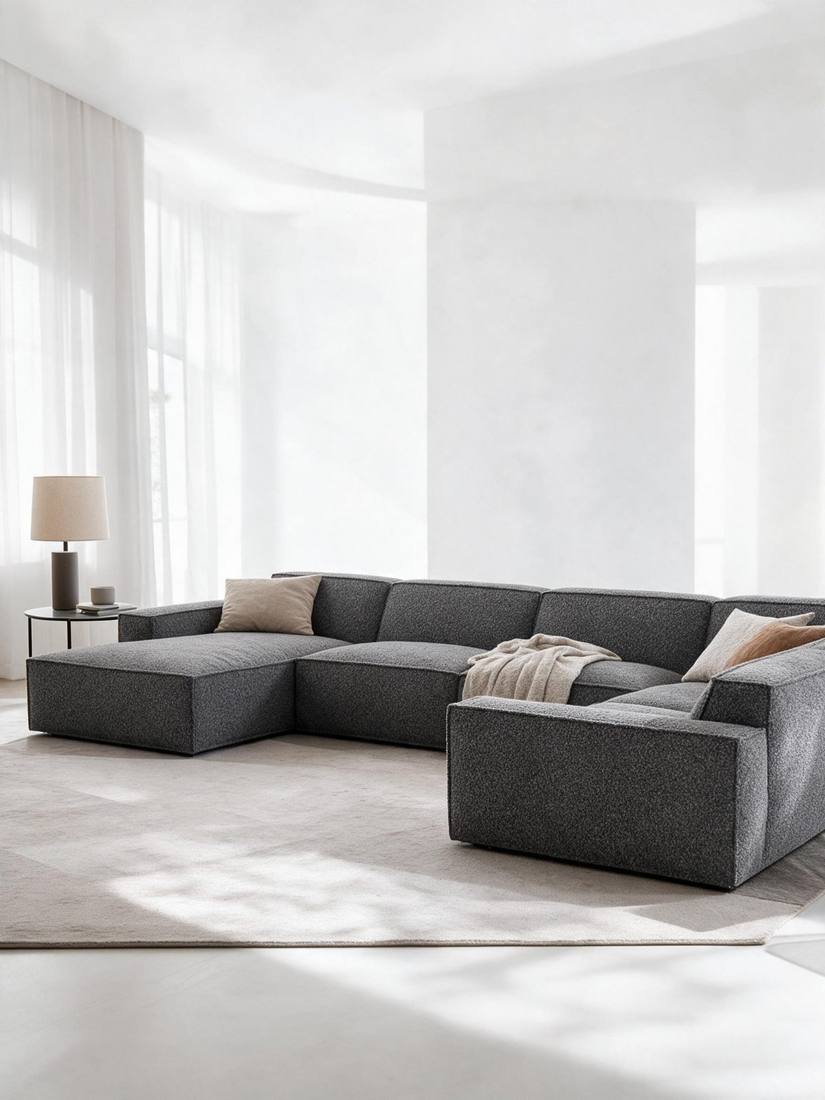 
Divano panoramico di design a 7 posti «Siena XXL» con rivestimento bouclé - Bouclé Grafite / Lato lungo a sinistra