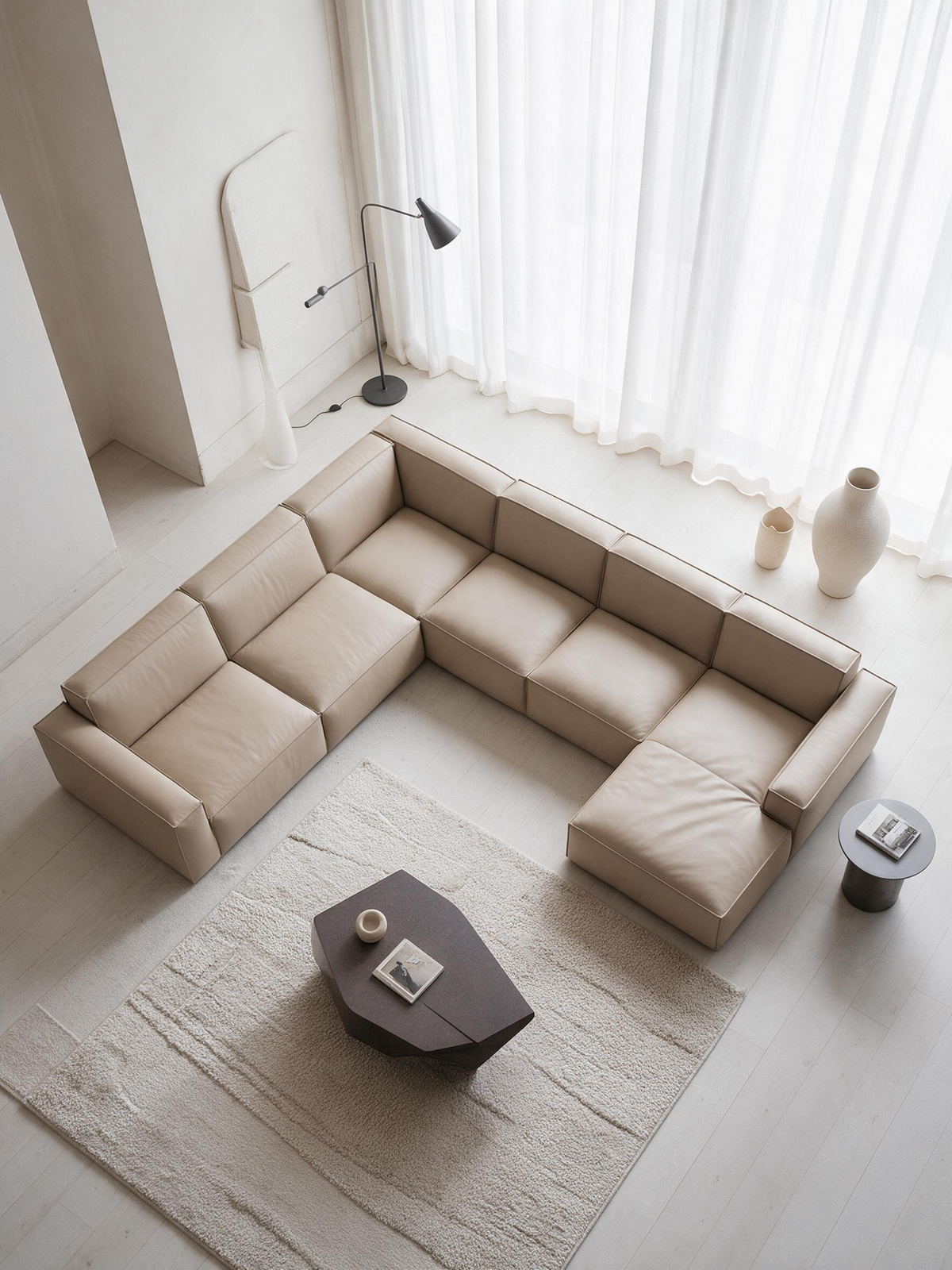 
Divano panoramico di design a 7 posti in vera pelle «Siena XXL» - Vera pelle Beige / Lato lungo a sinistra