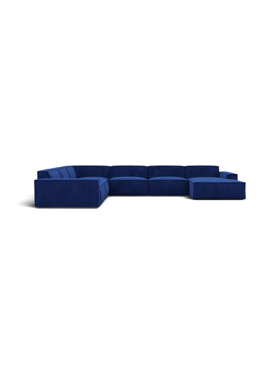 
Divano panoramico di design a 7 posti «Siena XXL» con rivestimento in velluto - Rivestimento in raso blu reale / Lato lungo a sinistra